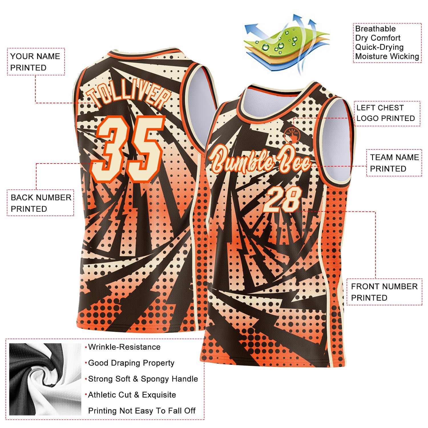 Custom Orange Cream-Brown Lightning Gradient Dot Side Panel Stripe Round Neck Sublimation Basketball Set Jersey view 3