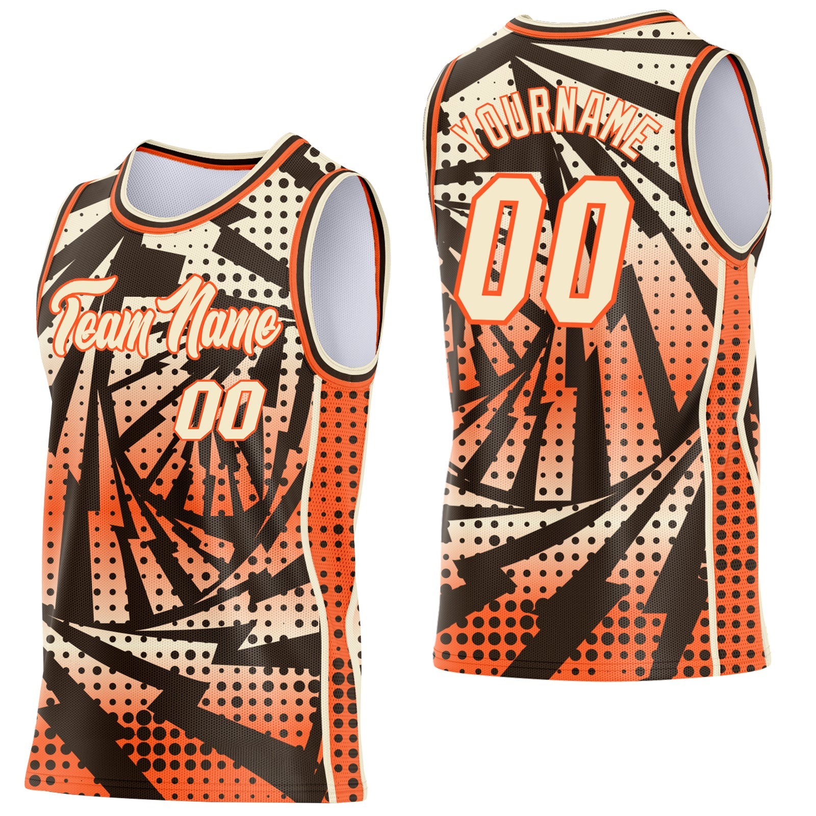 Custom Orange Cream-Brown Lightning Gradient Dot Side Panel Stripe Round Neck Sublimation Basketball Set Jersey - Main View