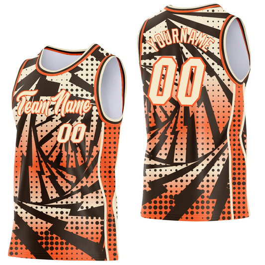 Custom Orange Cream-Brown Lightning Gradient Dot Side Panel Stripe Round Neck Sublimation Basketball Set Jersey - Main View