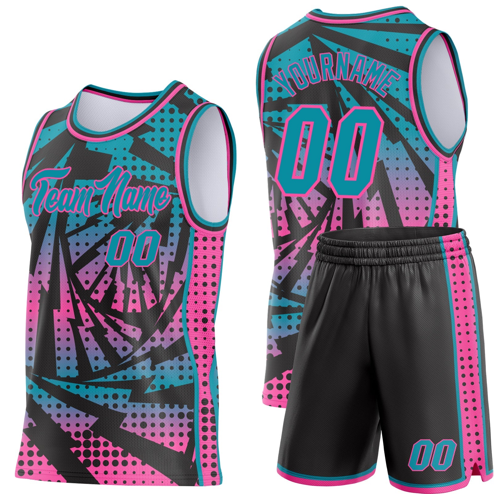 Custom Teal Black-Pink Lightning Gradient Dot Side Panel Stripe Round Neck Sublimation Basketball Set Jersey view 2