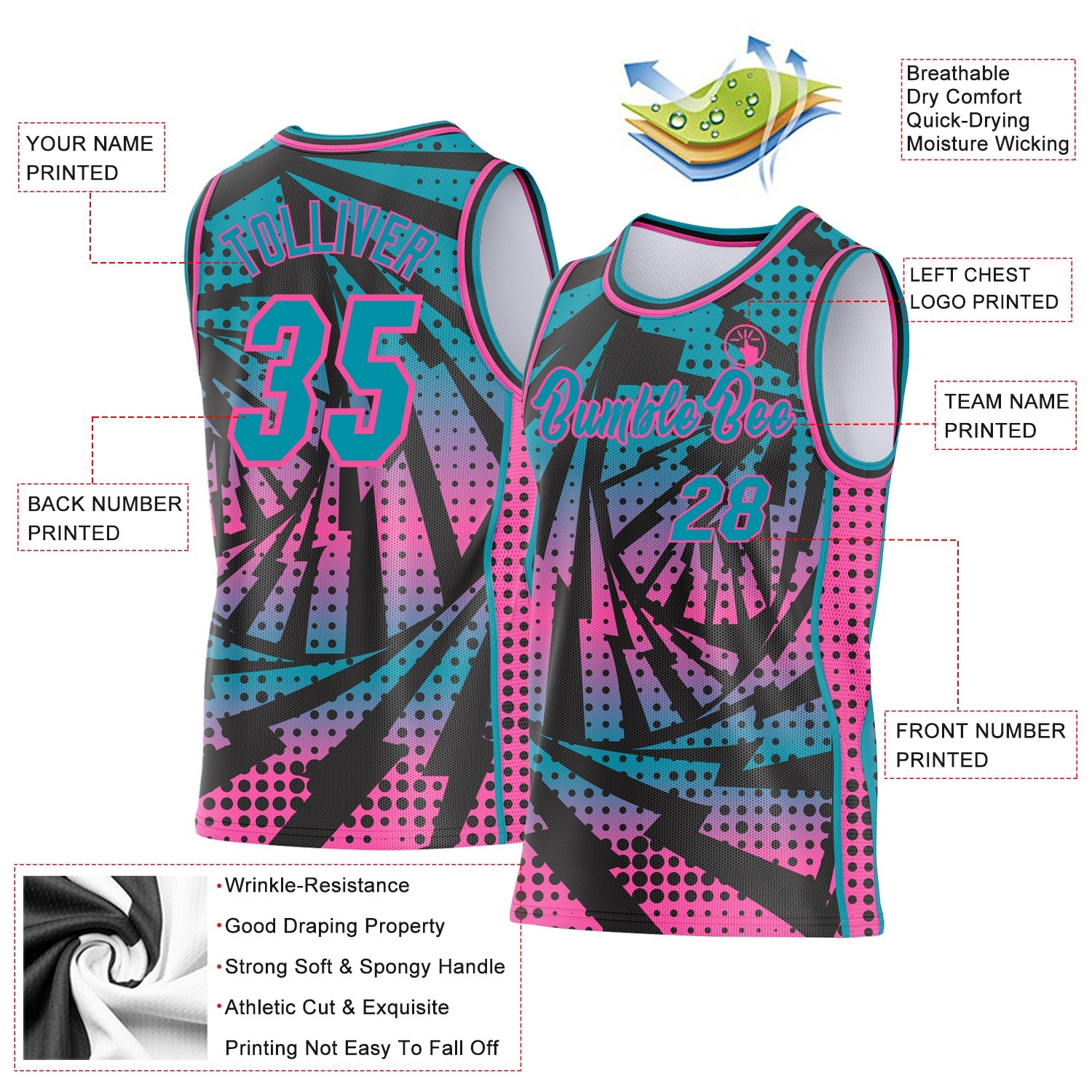 Custom Teal Black-Pink Lightning Gradient Dot Side Panel Stripe Round Neck Sublimation Basketball Set Jersey view 3