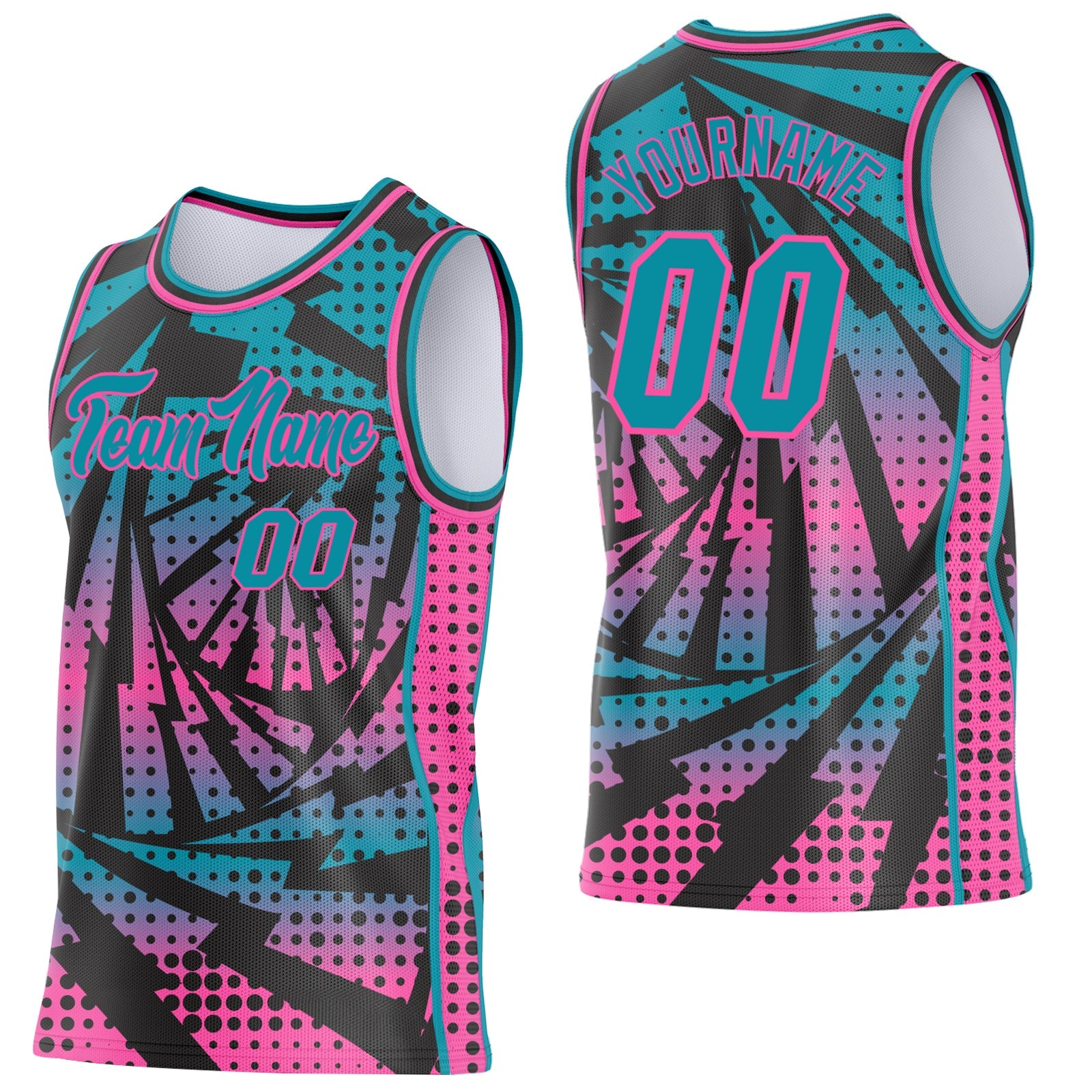Custom Teal Black-Pink Lightning Gradient Dot Side Panel Stripe Round Neck Sublimation Basketball Set Jersey - Main View