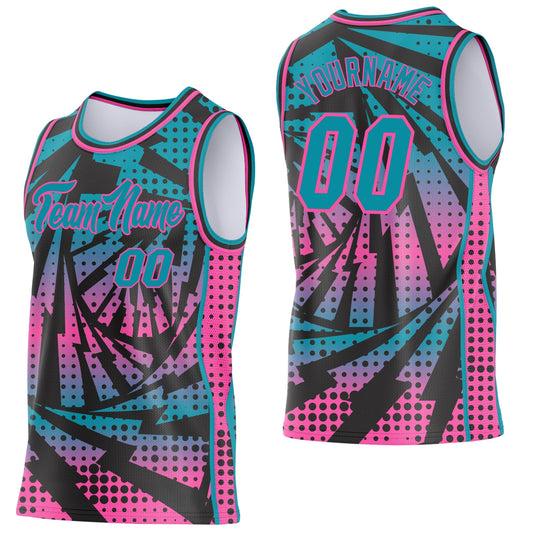 Custom Teal Black-Pink Lightning Gradient Dot Side Panel Stripe Round Neck Sublimation Basketball Set Jersey - Main View