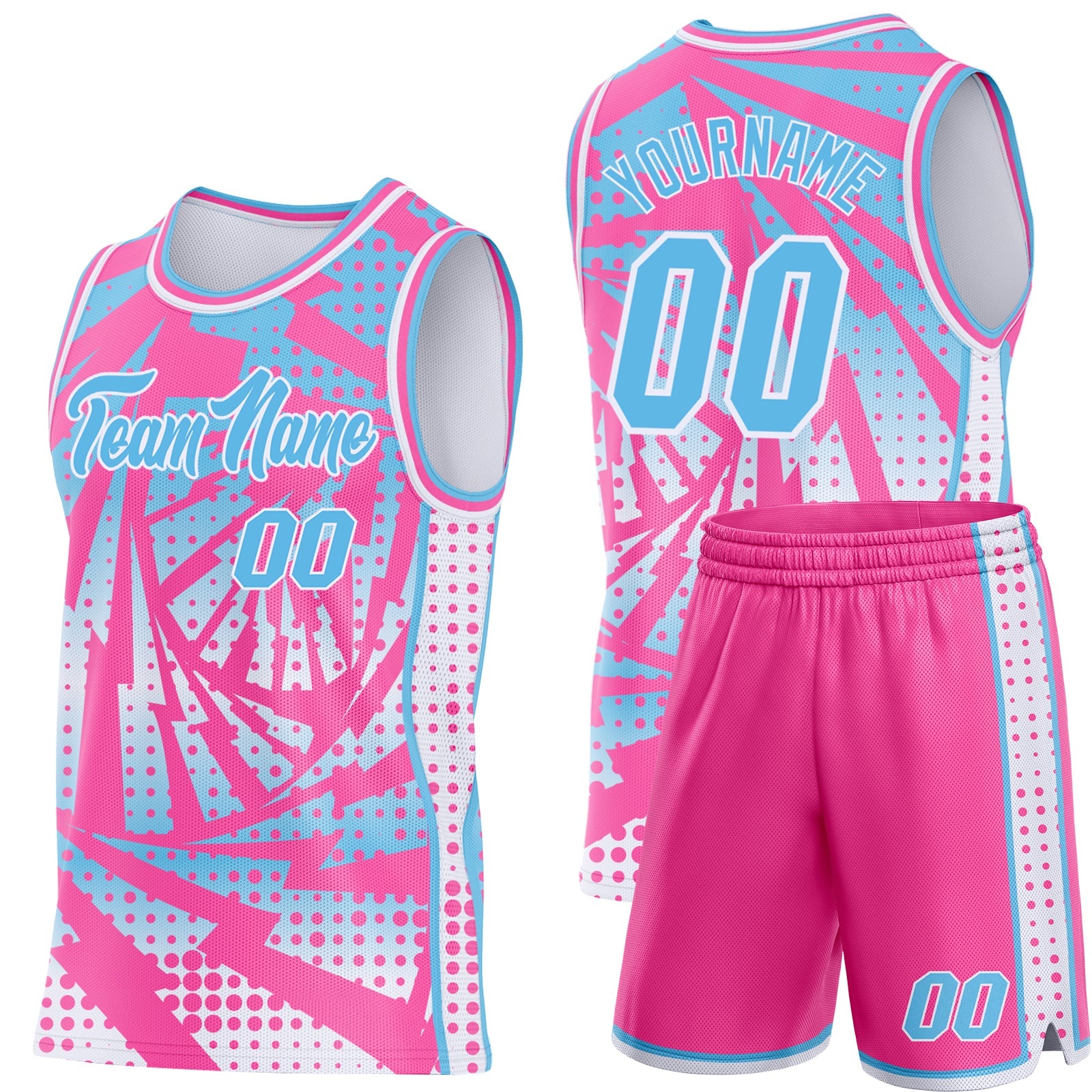 Custom Pink Sky Blue-White Lightning Gradient Dot Side Panel Stripe Round Neck Sublimation Basketball Set Jersey view 2