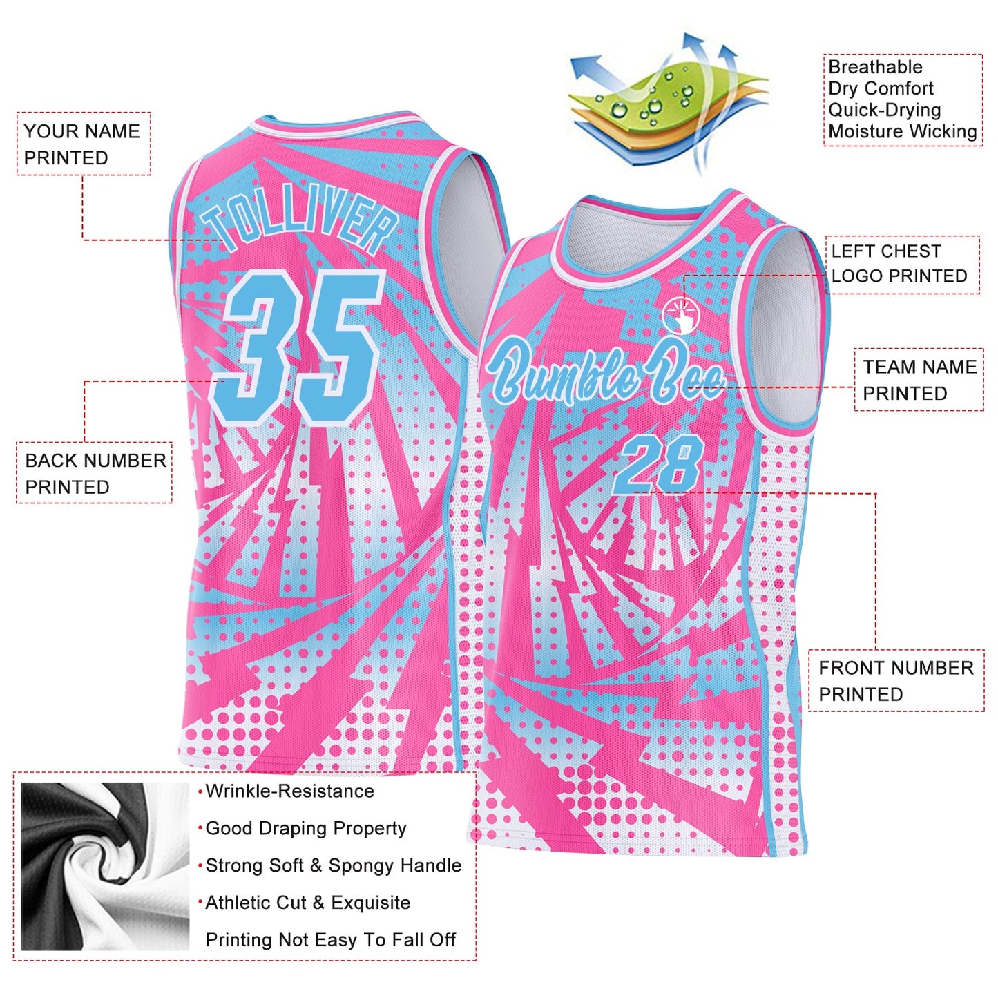 Custom Pink Sky Blue-White Lightning Gradient Dot Side Panel Stripe Round Neck Sublimation Basketball Set Jersey view 3