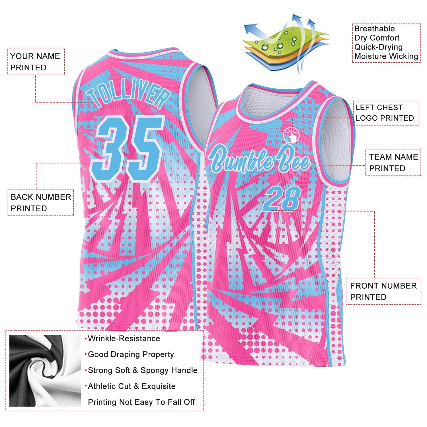 Custom Pink Sky Blue-White Lightning Gradient Dot Side Panel Stripe Round Neck Sublimation Basketball Set Jersey view 3