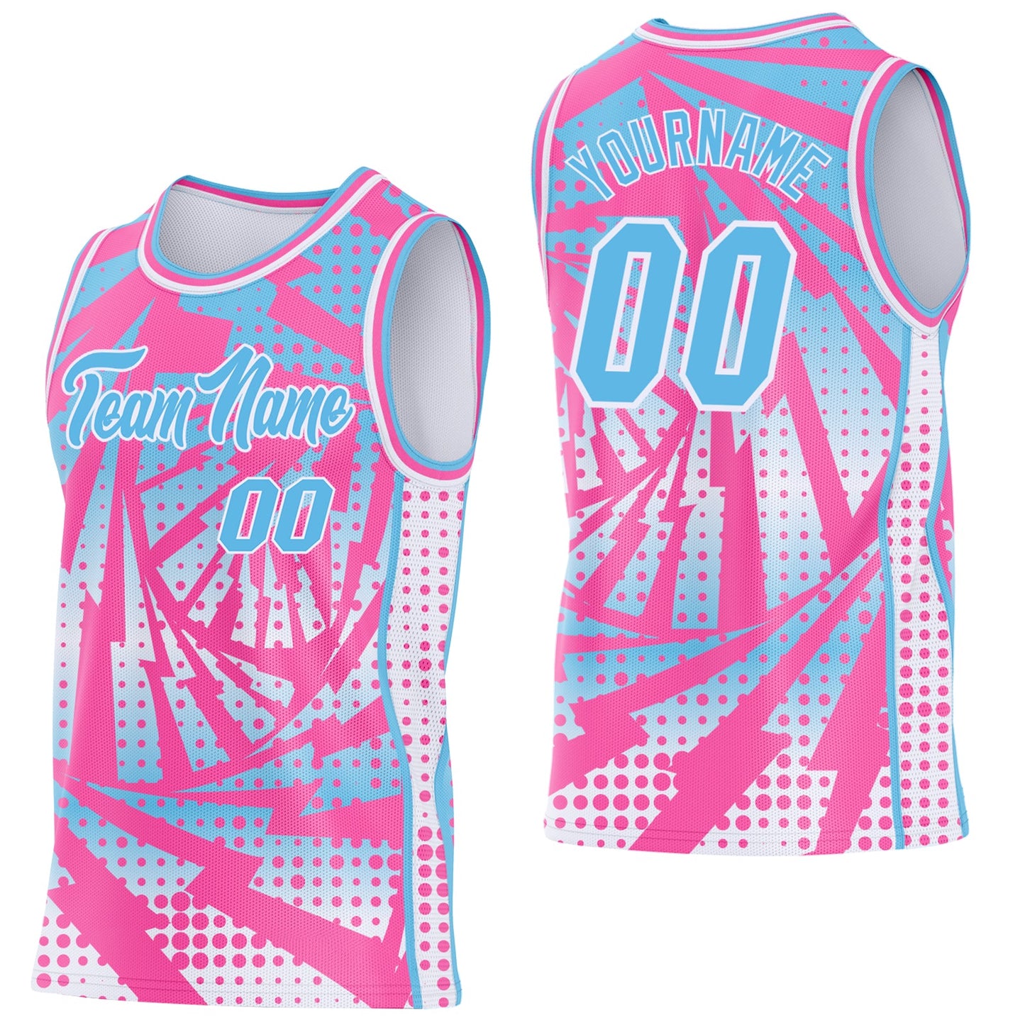 Custom Pink Sky Blue-White Lightning Gradient Dot Side Panel Stripe Round Neck Sublimation Basketball Set Jersey - Main View