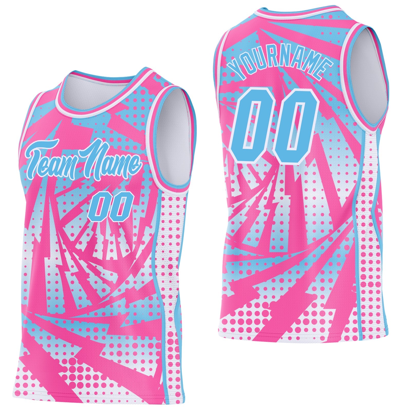 Custom Pink Sky Blue-White Lightning Gradient Dot Side Panel Stripe Round Neck Sublimation Basketball Set Jersey - Main View