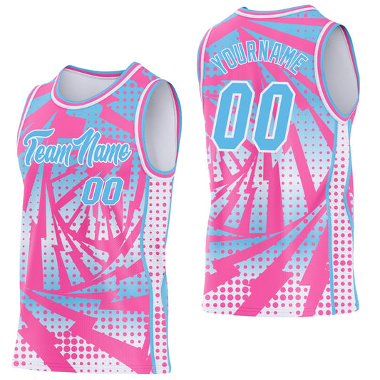 Custom Pink Sky Blue-White Lightning Gradient Dot Side Panel Stripe Round Neck Sublimation Basketball Set Jersey - Main View