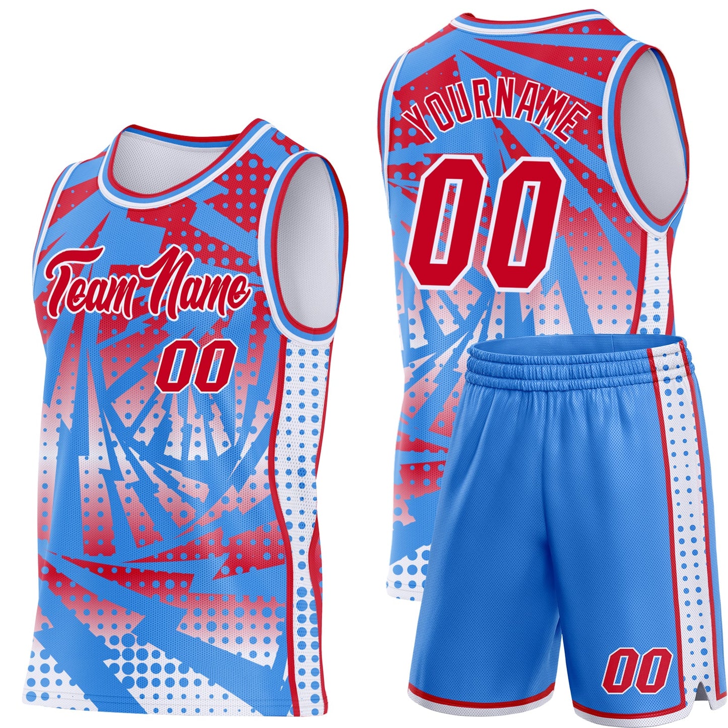 Custom Powder Blue Red-White Lightning Gradient Dot Side Panel Stripe Round Neck Sublimation Basketball Set Jersey view 2