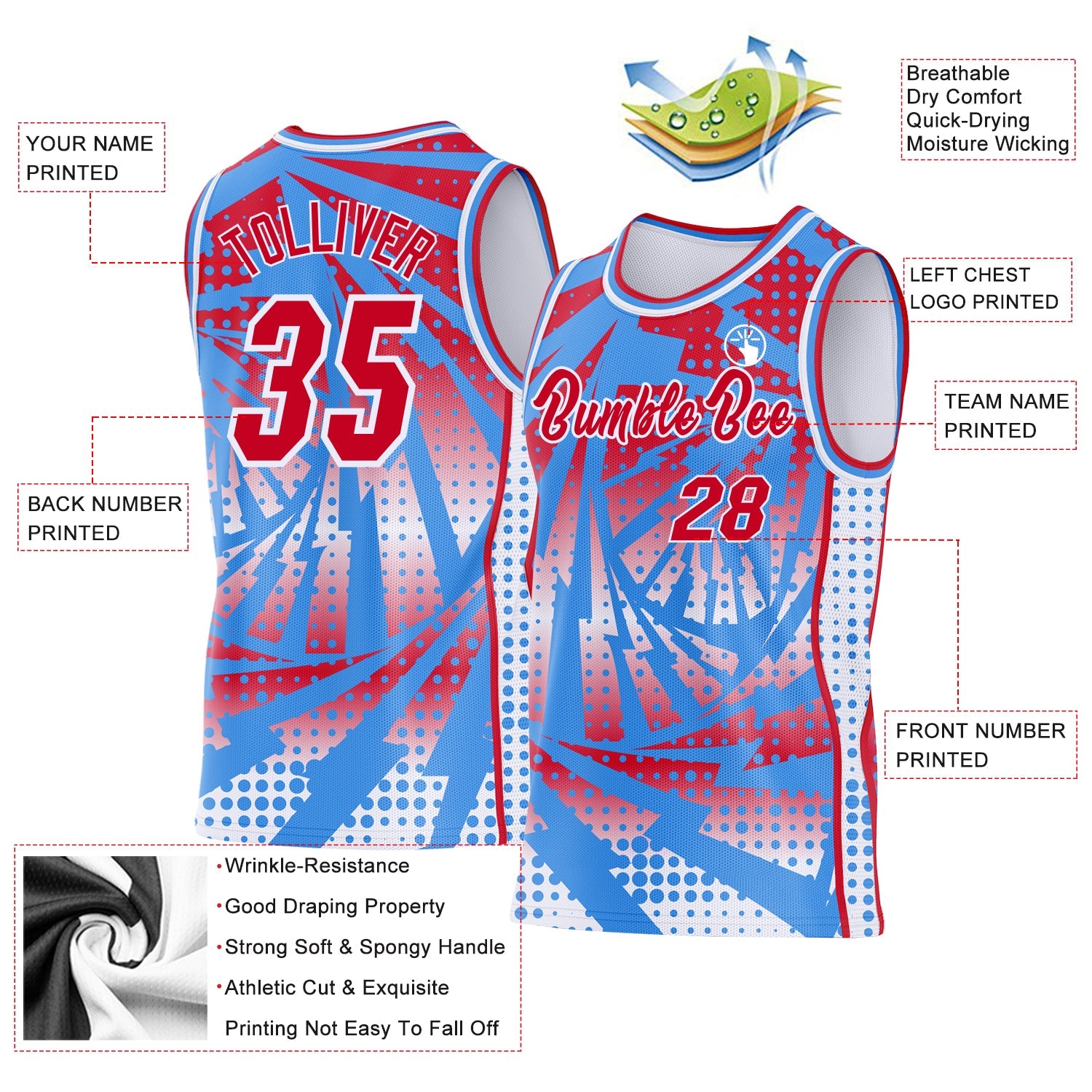 Custom Powder Blue Red-White Lightning Gradient Dot Side Panel Stripe Round Neck Sublimation Basketball Set Jersey view 3