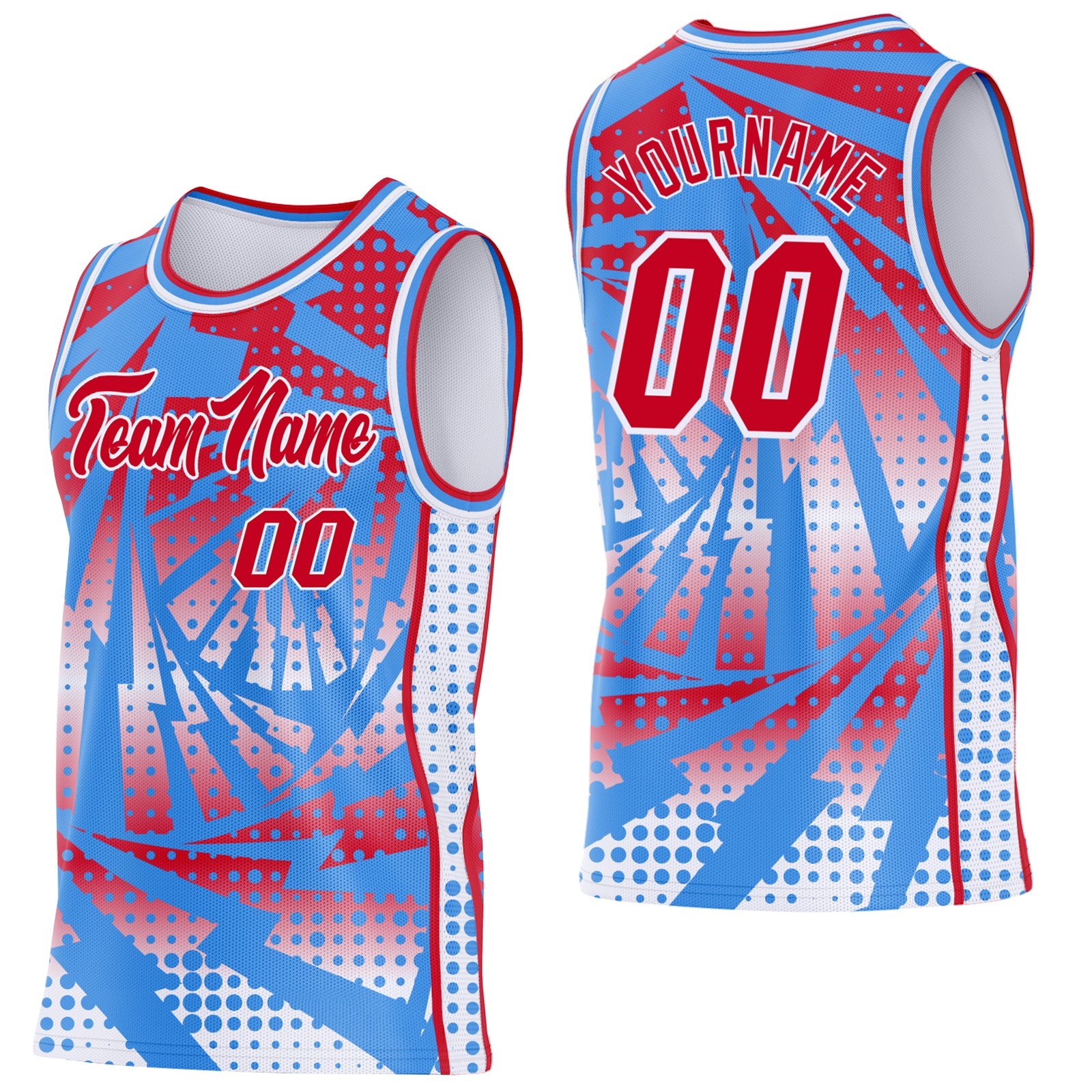 Custom Powder Blue Red-White Lightning Gradient Dot Side Panel Stripe Round Neck Sublimation Basketball Set Jersey - Main View