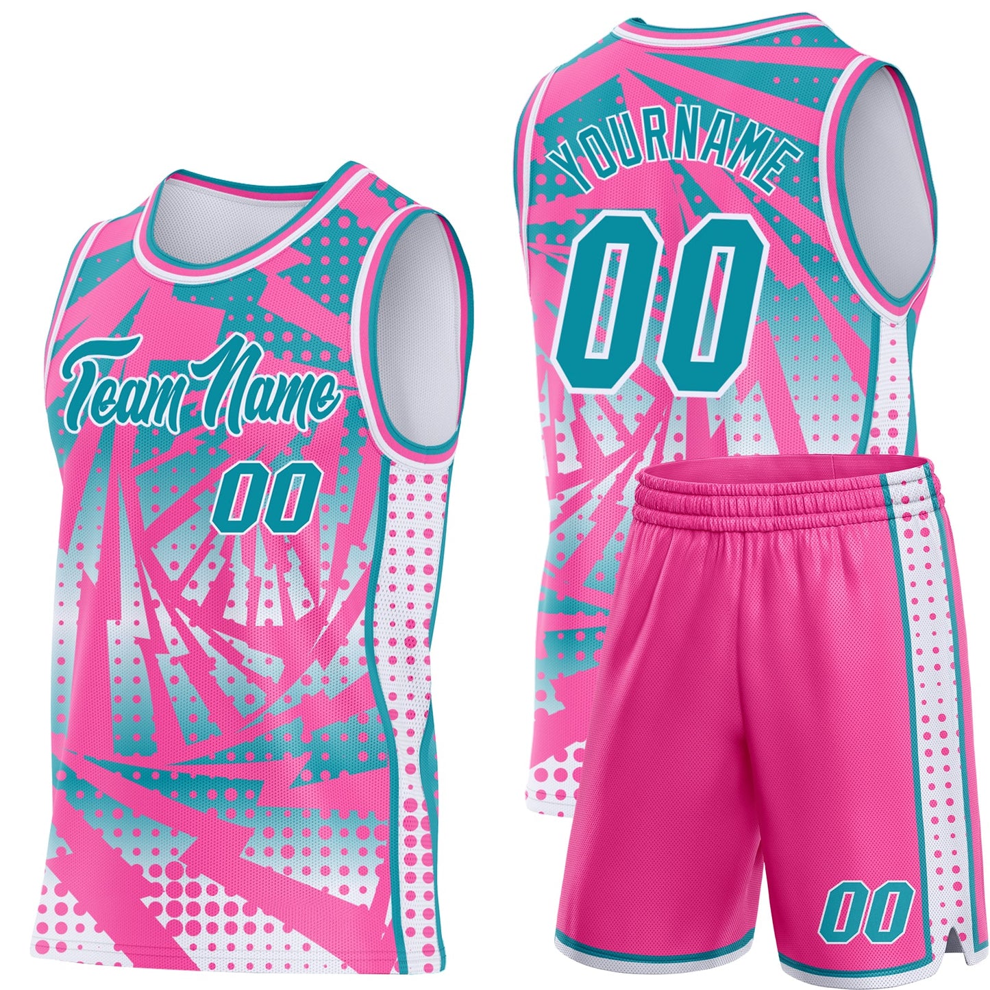 Custom Pink Teal-White Lightning Gradient Dot Side Panel Stripe Round Neck Sublimation Basketball Set Jersey view 2