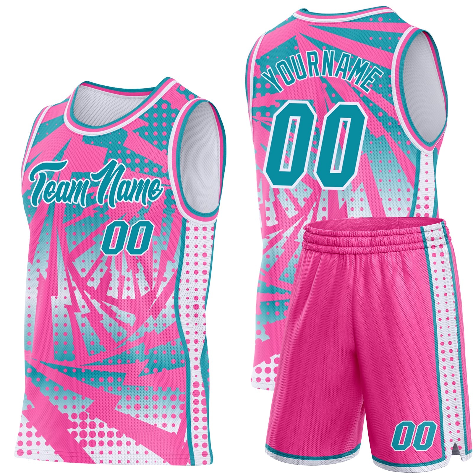 Custom Pink Teal-White Lightning Gradient Dot Side Panel Stripe Round Neck Sublimation Basketball Set Jersey view 2