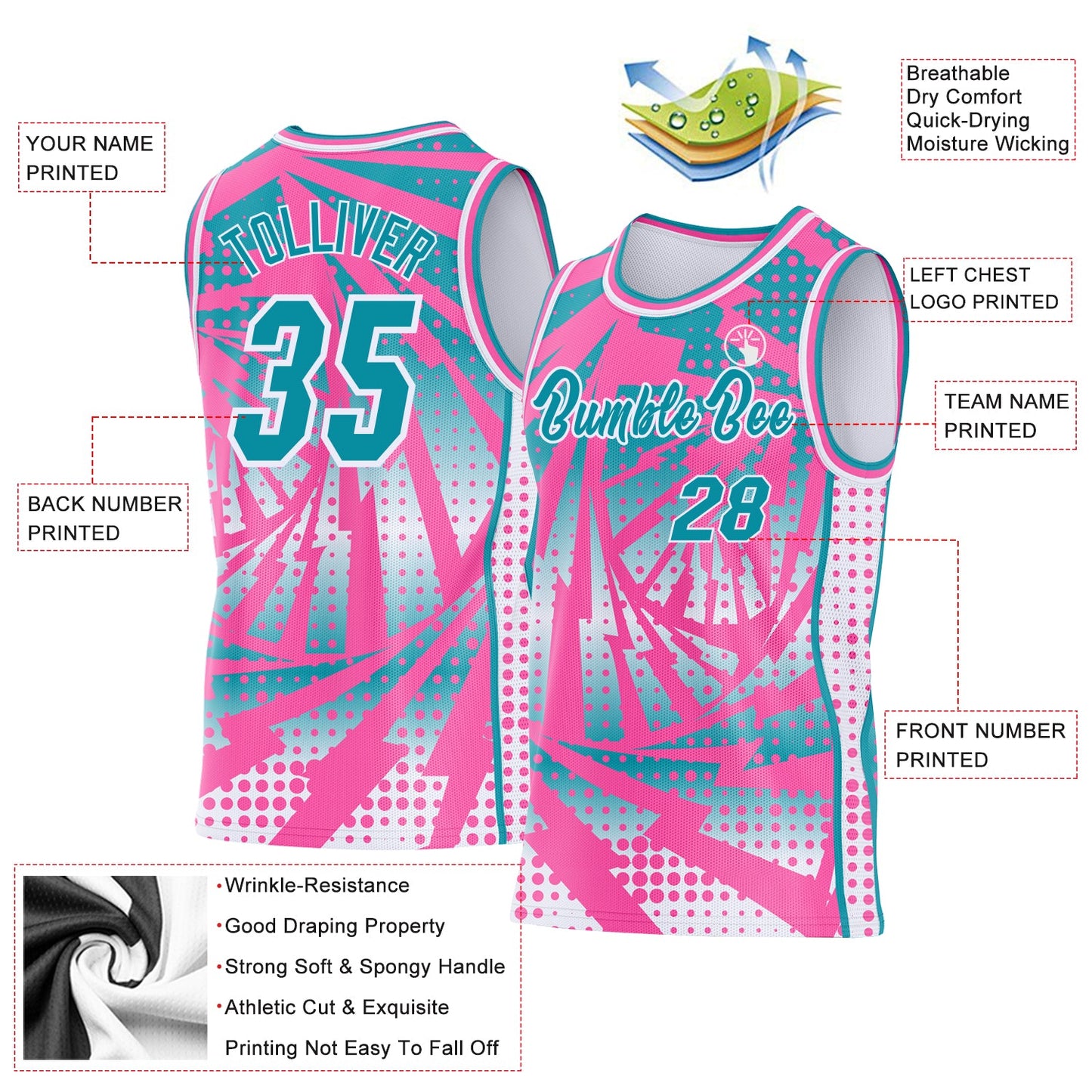 Custom Pink Teal-White Lightning Gradient Dot Side Panel Stripe Round Neck Sublimation Basketball Set Jersey view 3