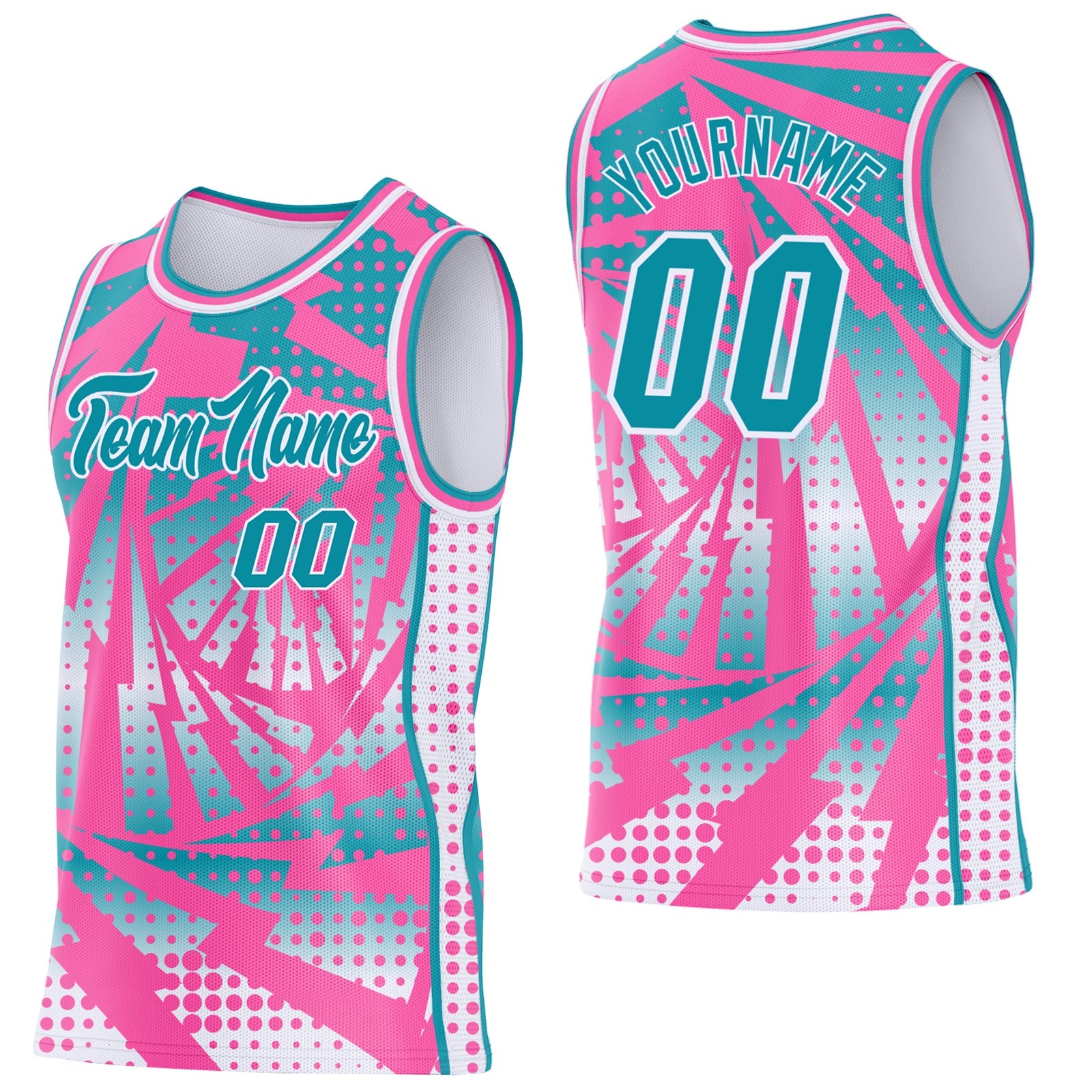 Custom Pink Teal-White Lightning Gradient Dot Side Panel Stripe Round Neck Sublimation Basketball Set Jersey - Main View