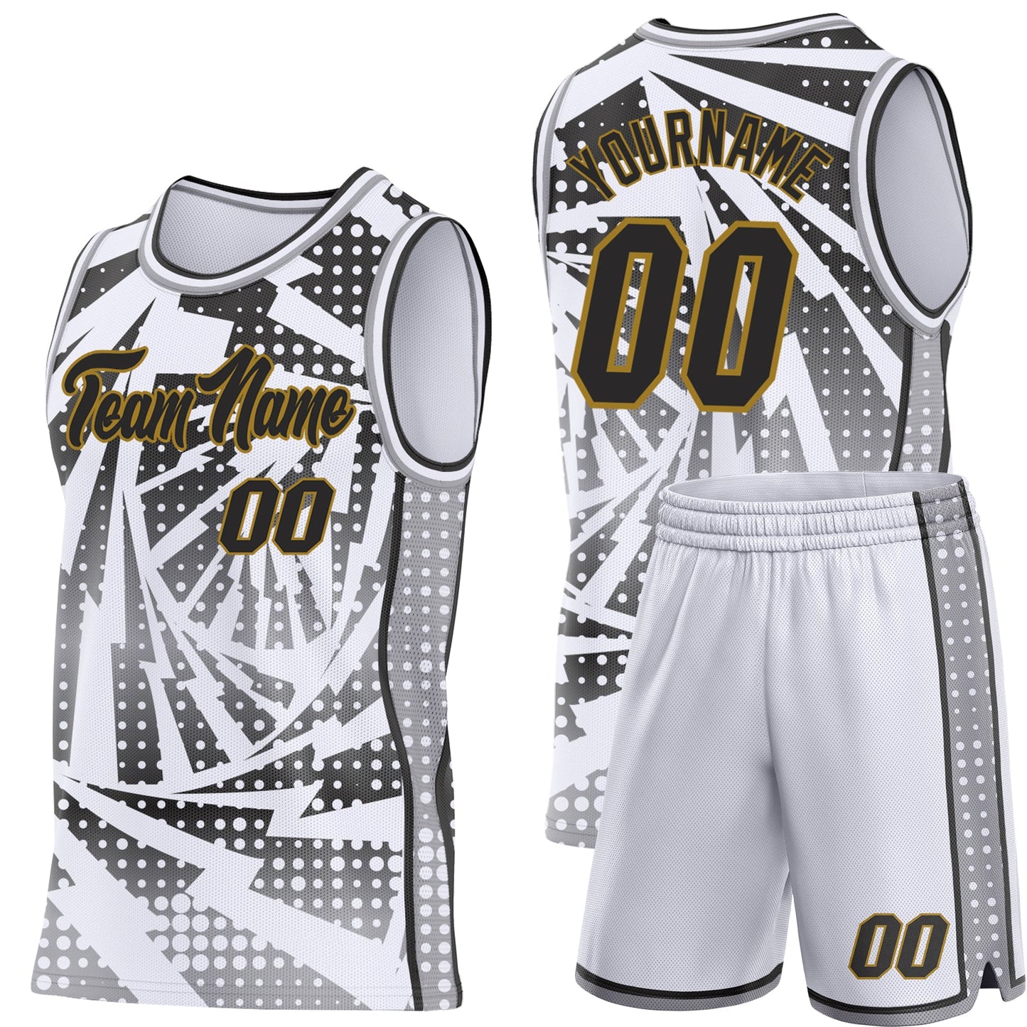 Custom White Black Gray-Old Gold Lightning Gradient Dot Side Panel Stripe Round Neck Sublimation Basketball Set Jersey view 2
