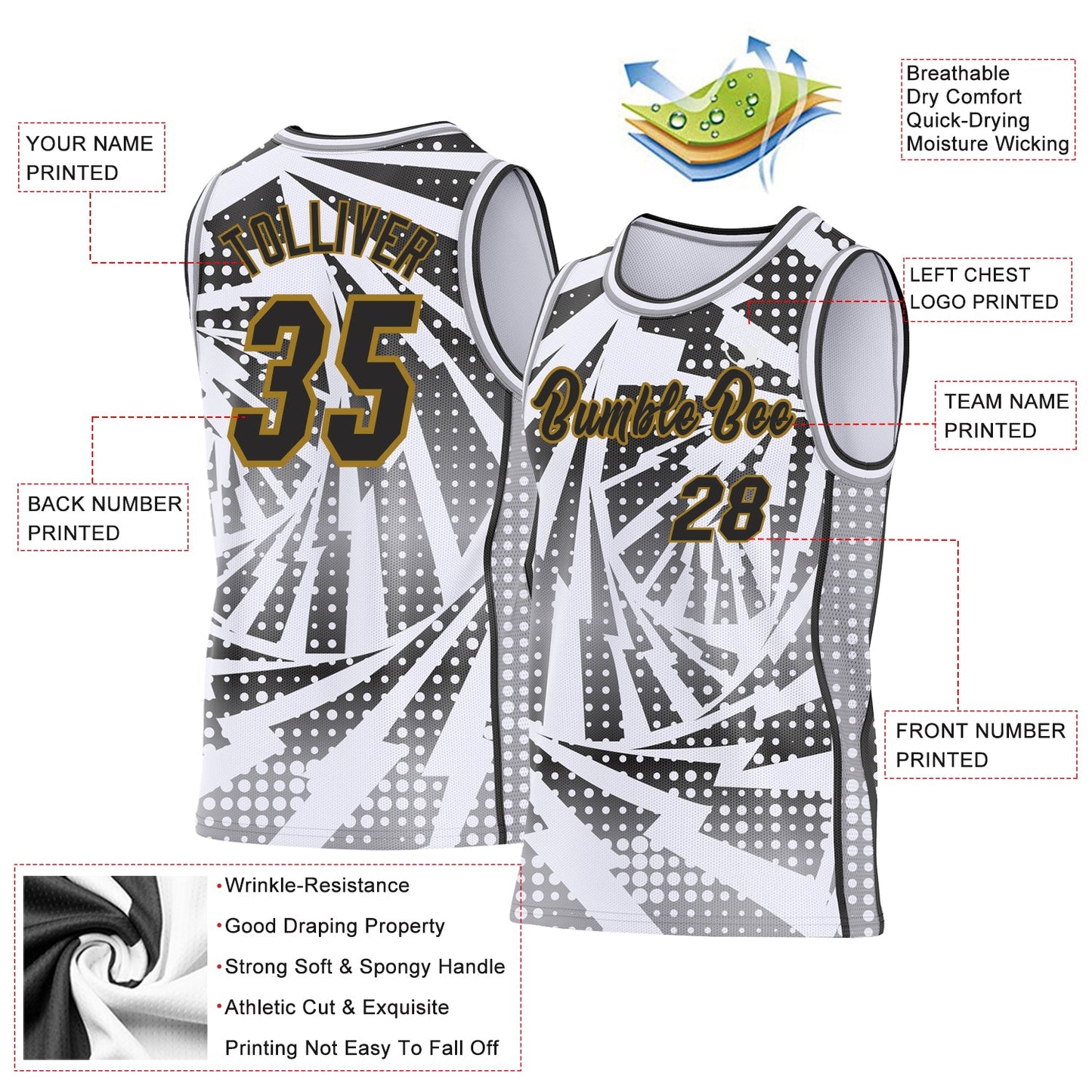 Custom White Black Gray-Old Gold Lightning Gradient Dot Side Panel Stripe Round Neck Sublimation Basketball Set Jersey view 3