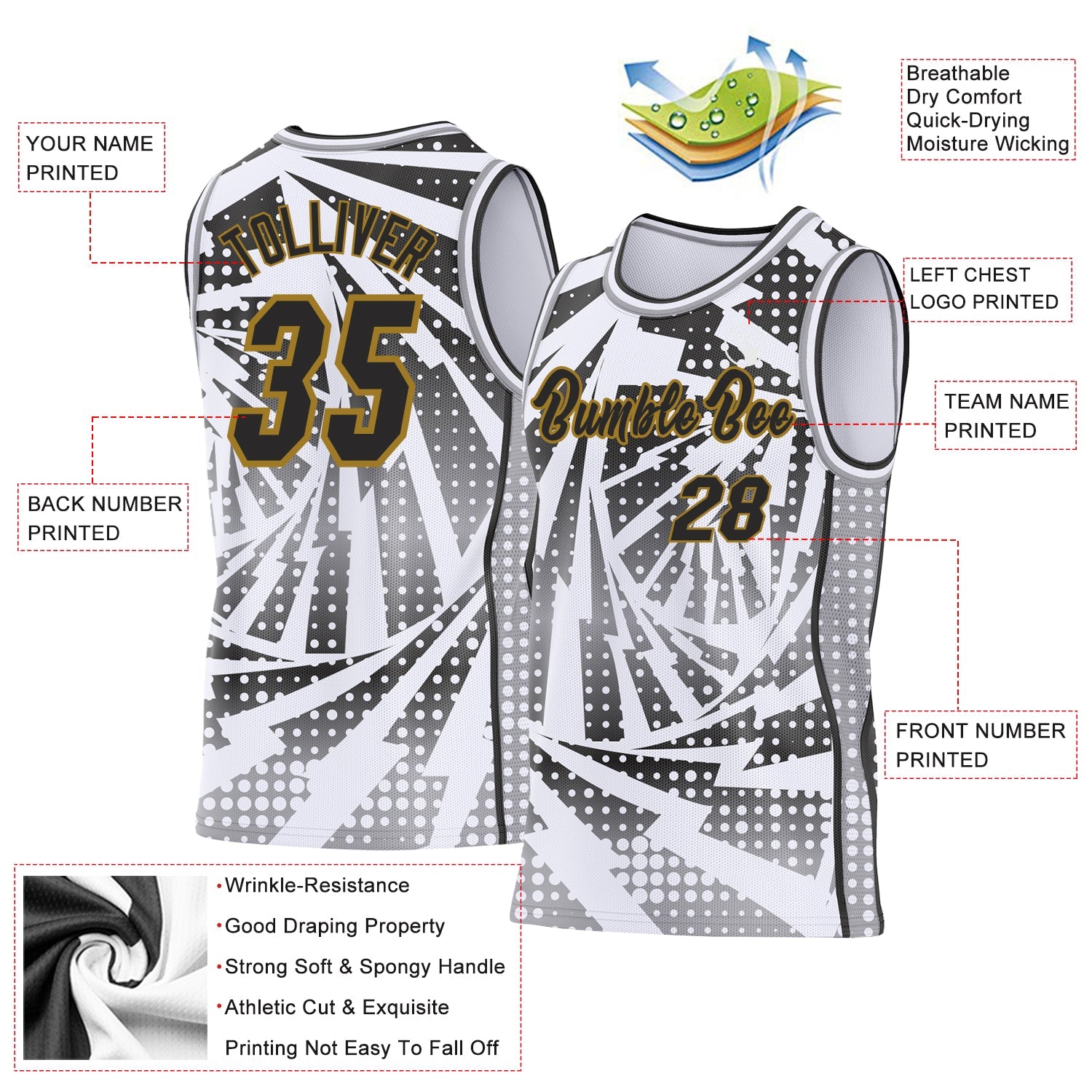Custom White Black Gray-Old Gold Lightning Gradient Dot Side Panel Stripe Round Neck Sublimation Basketball Set Jersey view 3