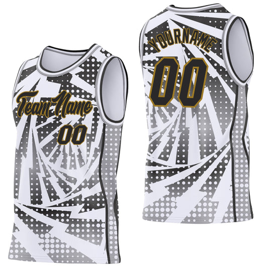 Custom White Black Gray-Old Gold Lightning Gradient Dot Side Panel Stripe Round Neck Sublimation Basketball Set Jersey - Main View