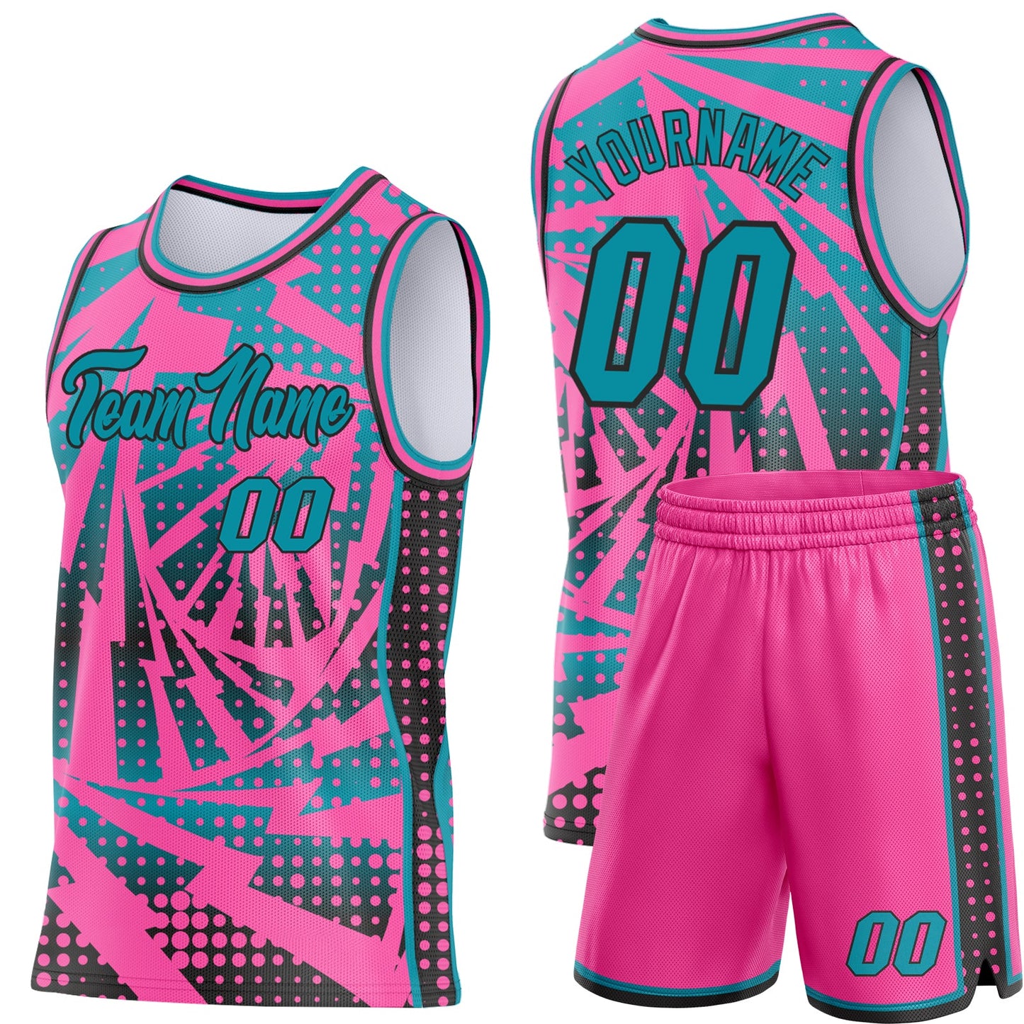 Custom Pink Teal-Black Lightning Gradient Dot Side Panel Stripe Round Neck Sublimation Basketball Set Jersey view 2