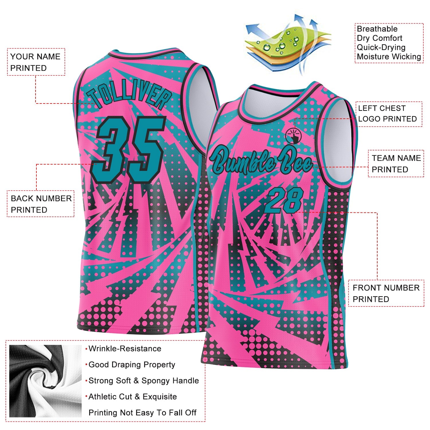Custom Pink Teal-Black Lightning Gradient Dot Side Panel Stripe Round Neck Sublimation Basketball Set Jersey view 3