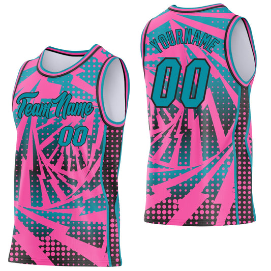 Custom Pink Teal-Black Lightning Gradient Dot Side Panel Stripe Round Neck Sublimation Basketball Set Jersey - Main View