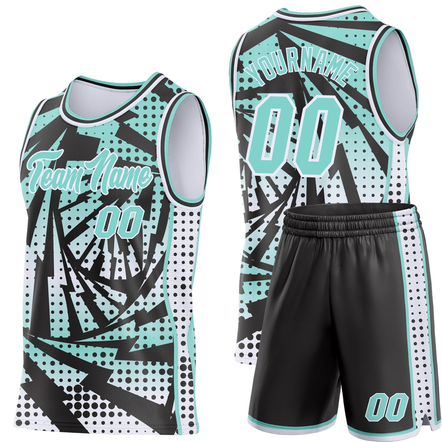 Custom Ice Blue Black-White Lightning Gradient Dot Side Panel Stripe Round Neck Sublimation Basketball Set Jersey view 2