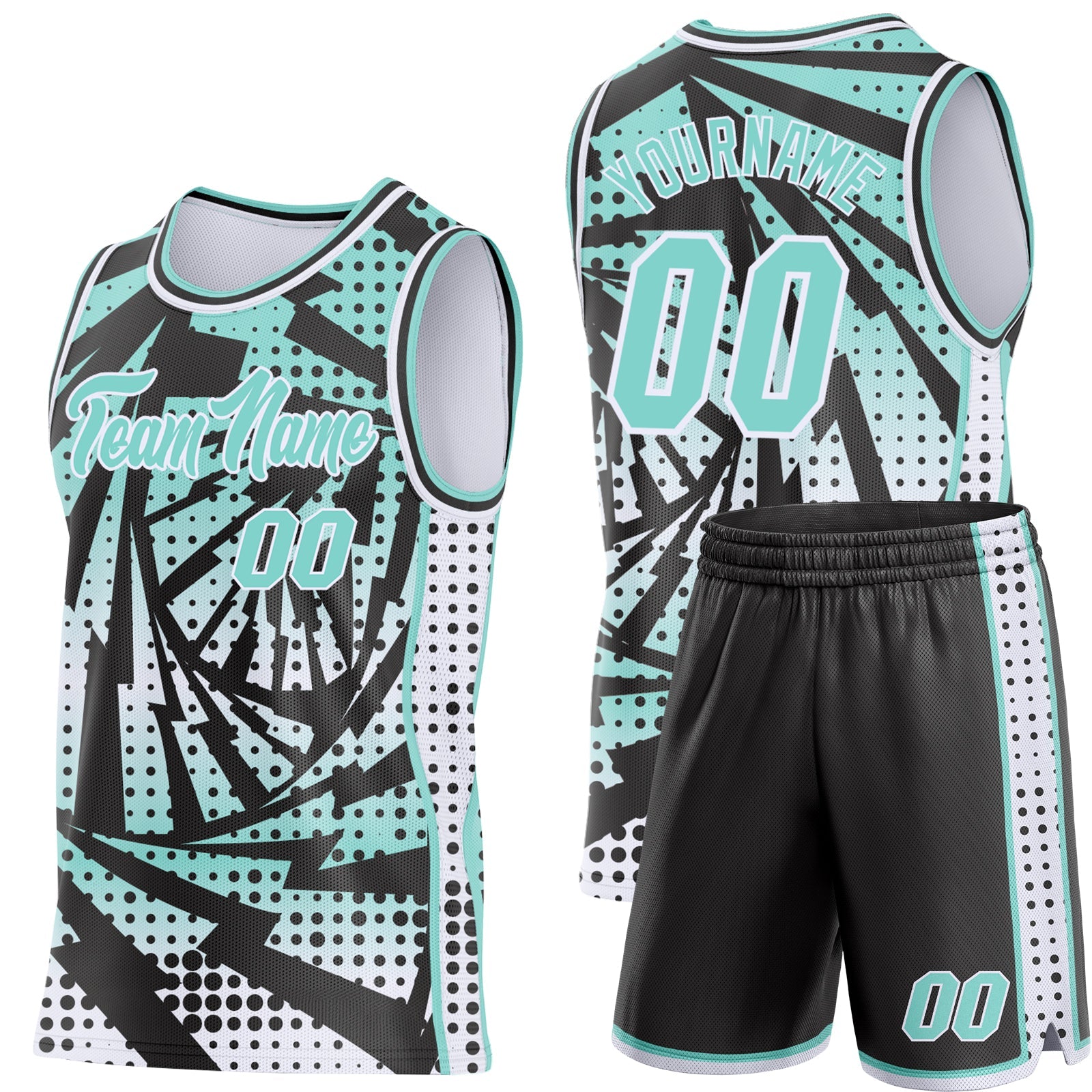 Custom Ice Blue Black-White Lightning Gradient Dot Side Panel Stripe Round Neck Sublimation Basketball Set Jersey view 2
