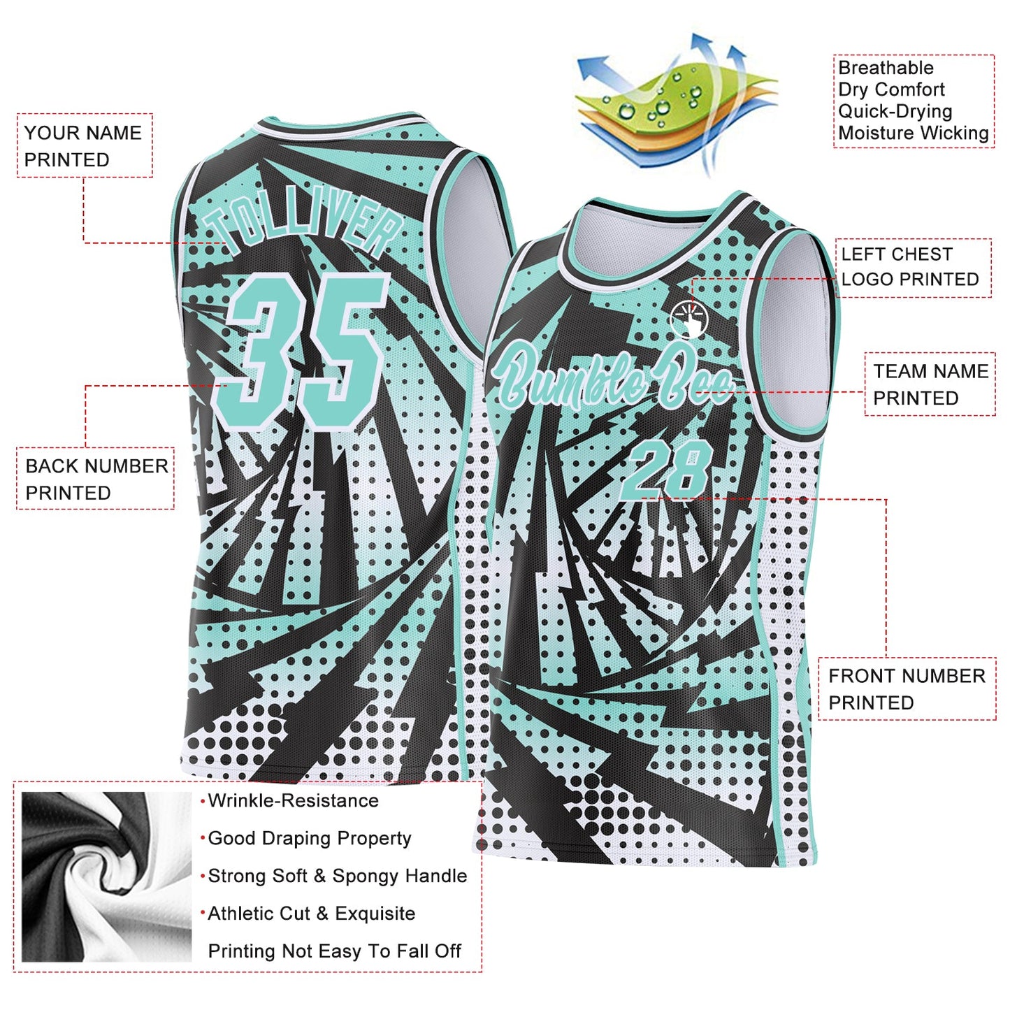 Custom Ice Blue Black-White Lightning Gradient Dot Side Panel Stripe Round Neck Sublimation Basketball Set Jersey view 3