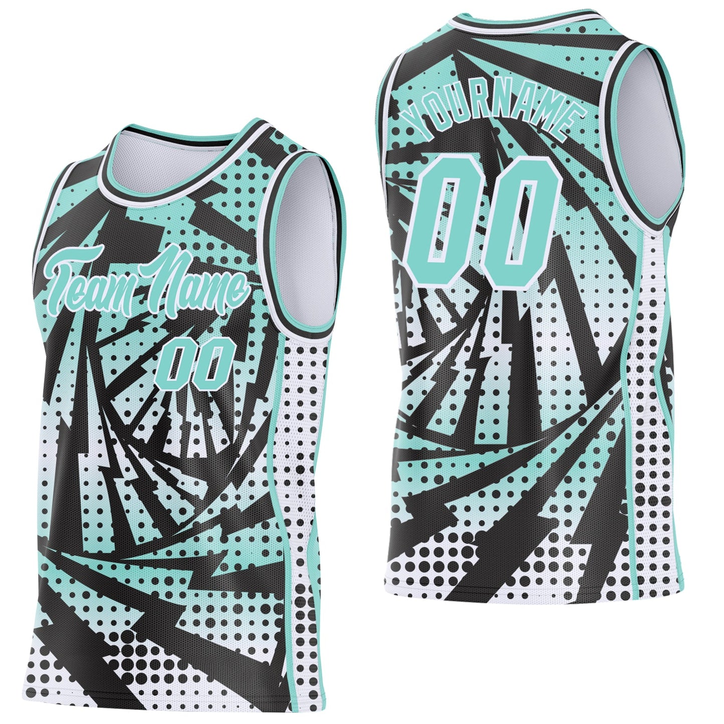 Custom Ice Blue Black-White Lightning Gradient Dot Side Panel Stripe Round Neck Sublimation Basketball Set Jersey - Main View