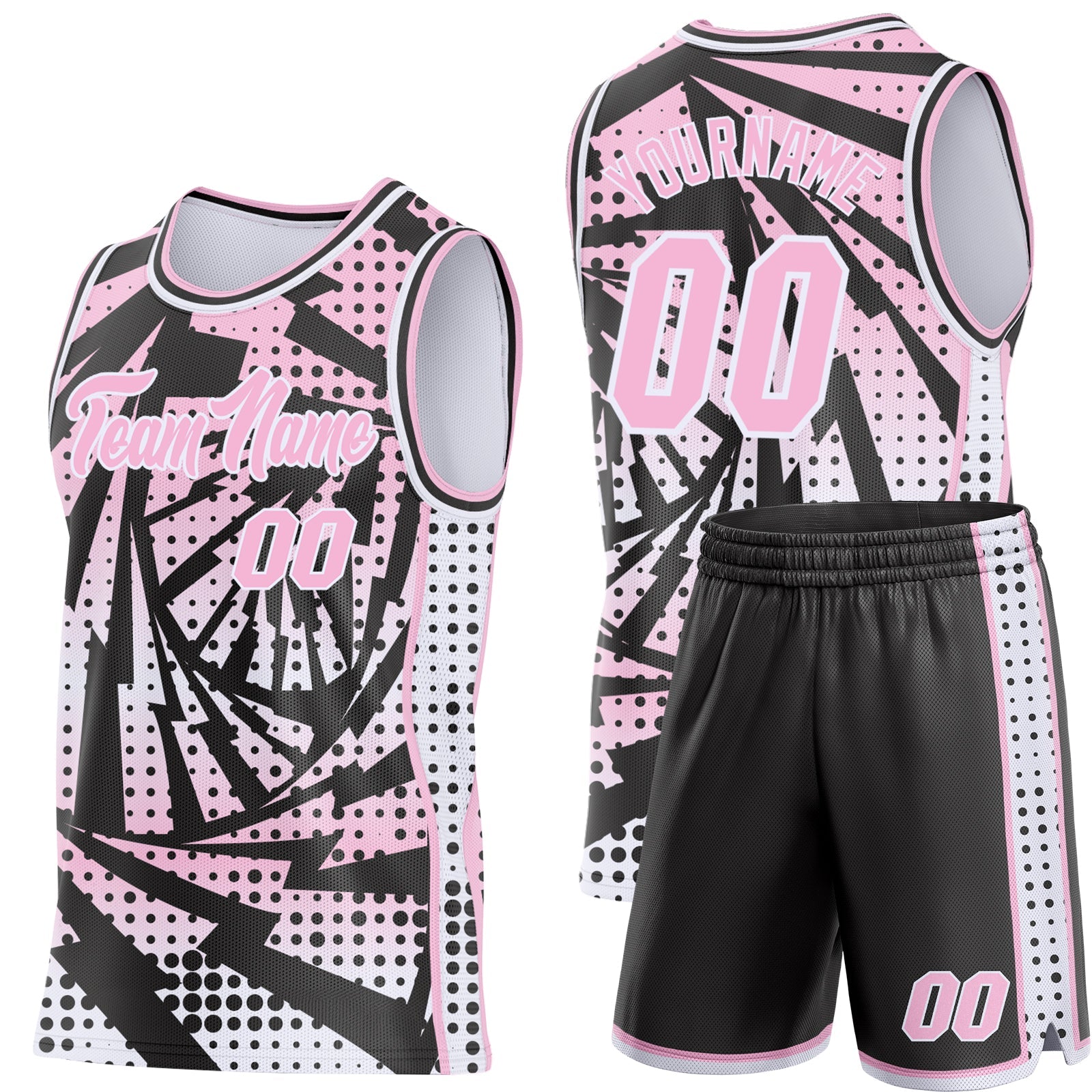 Custom Light Pink Black-White Lightning Gradient Dot Side Panel Stripe Round Neck Sublimation Basketball Set Jersey view 2