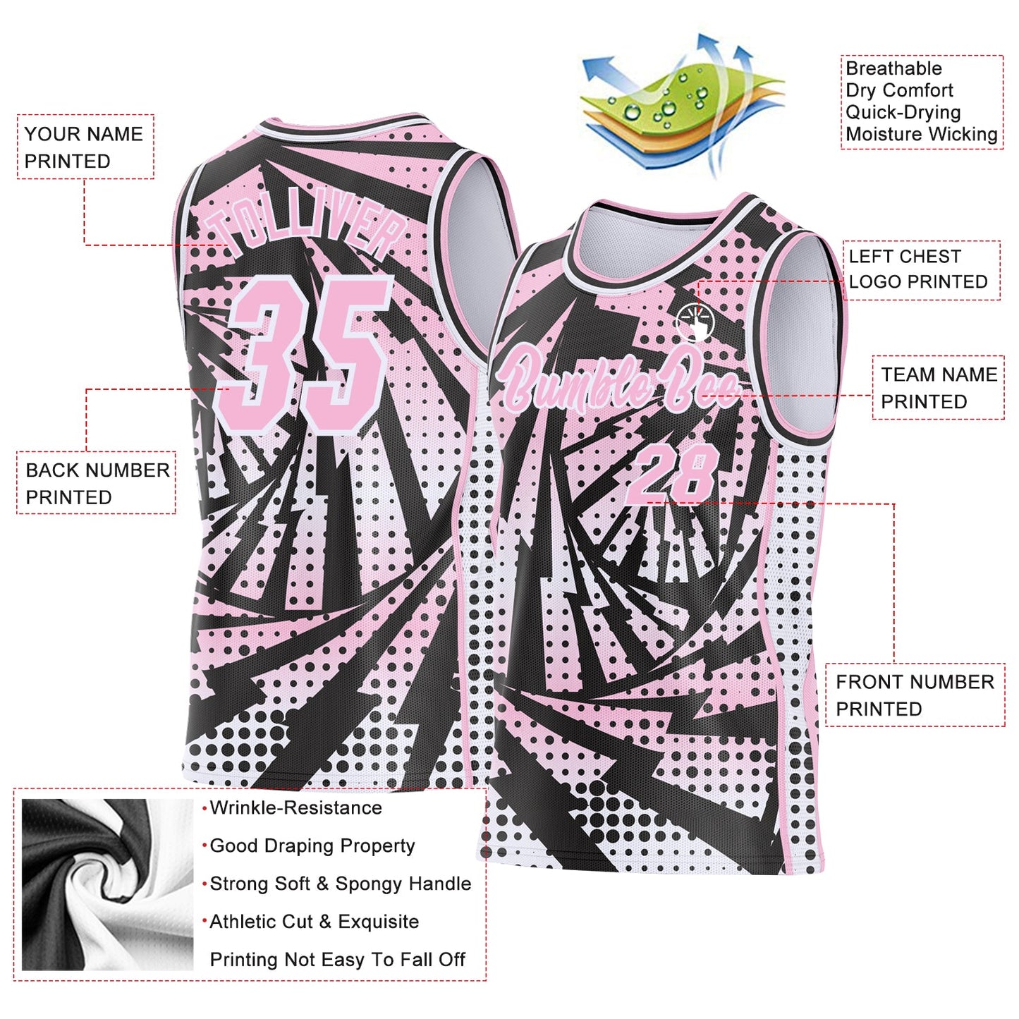 Custom Light Pink Black-White Lightning Gradient Dot Side Panel Stripe Round Neck Sublimation Basketball Set Jersey view 3
