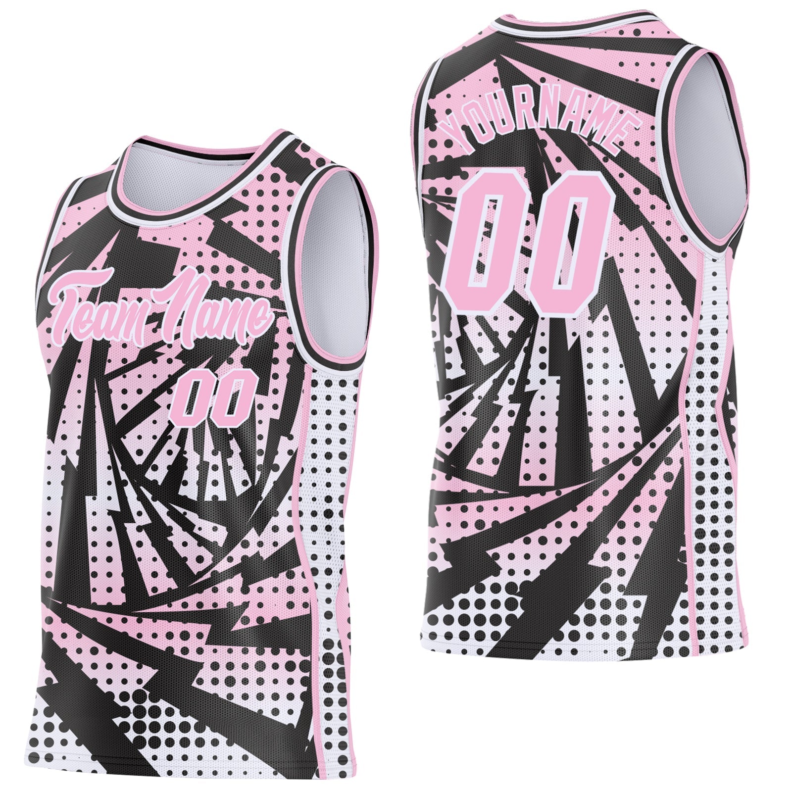 Custom Light Pink Black-White Lightning Gradient Dot Side Panel Stripe Round Neck Sublimation Basketball Set Jersey - Main View