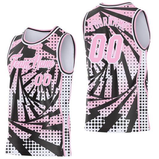 Custom Light Pink Black-White Lightning Gradient Dot Side Panel Stripe Round Neck Sublimation Basketball Set Jersey - Main View