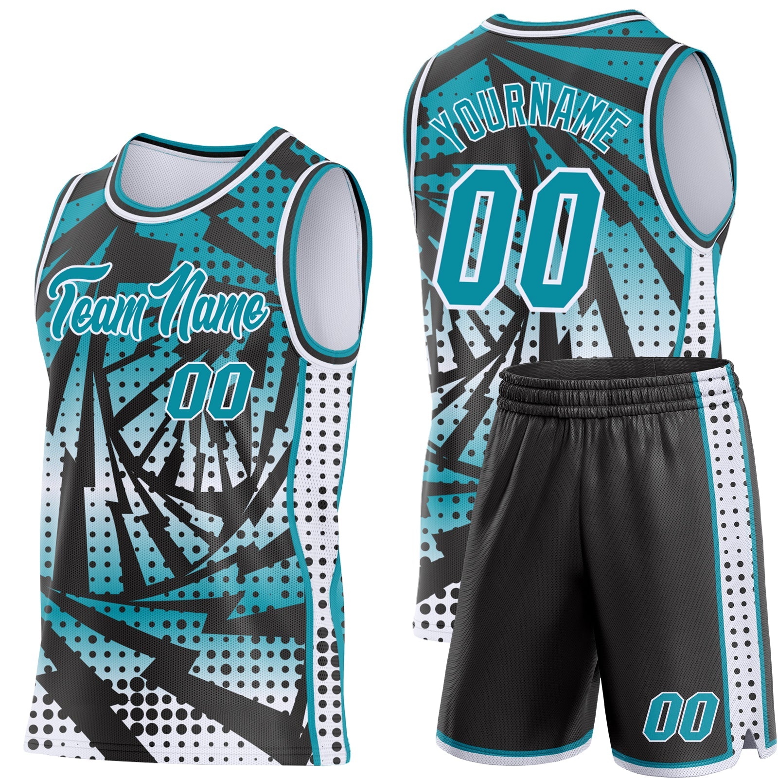 Custom Teal Black-White Lightning Gradient Dot Side Panel Stripe Round Neck Sublimation Basketball Set Jersey view 2