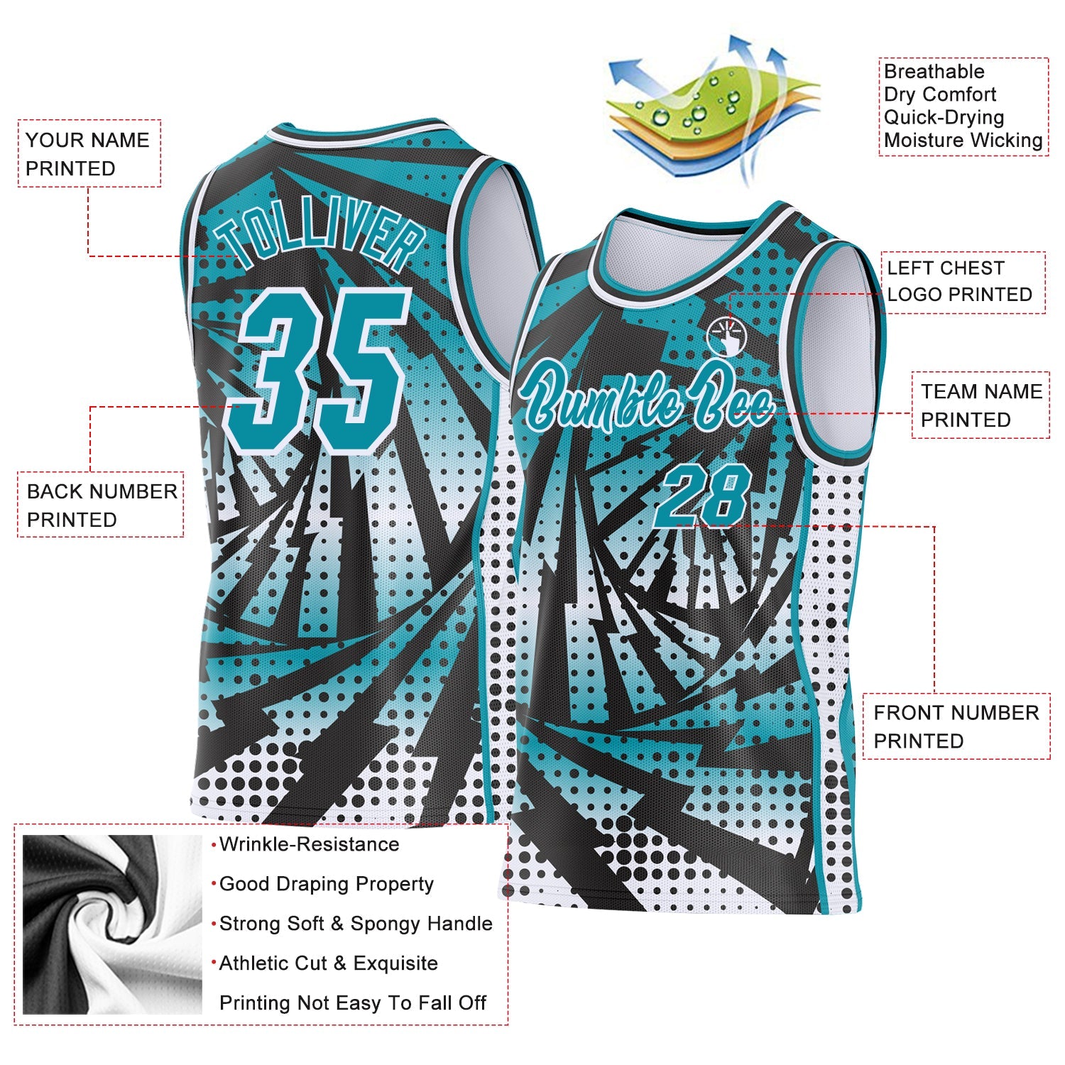 Custom Teal Black-White Lightning Gradient Dot Side Panel Stripe Round Neck Sublimation Basketball Set Jersey view 3