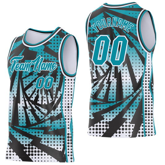 Custom Teal Black-White Lightning Gradient Dot Side Panel Stripe Round Neck Sublimation Basketball Set Jersey - Main View