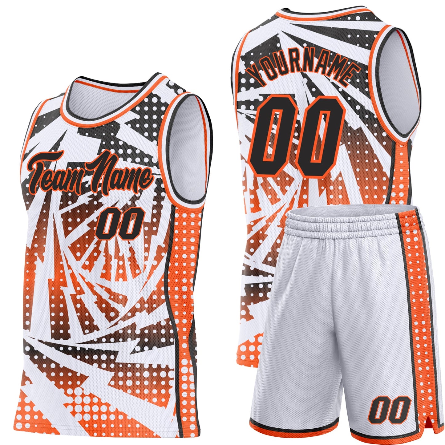 Custom White Black-Orange Lightning Gradient Dot Side Panel Stripe Round Neck Sublimation Basketball Set Jersey view 2