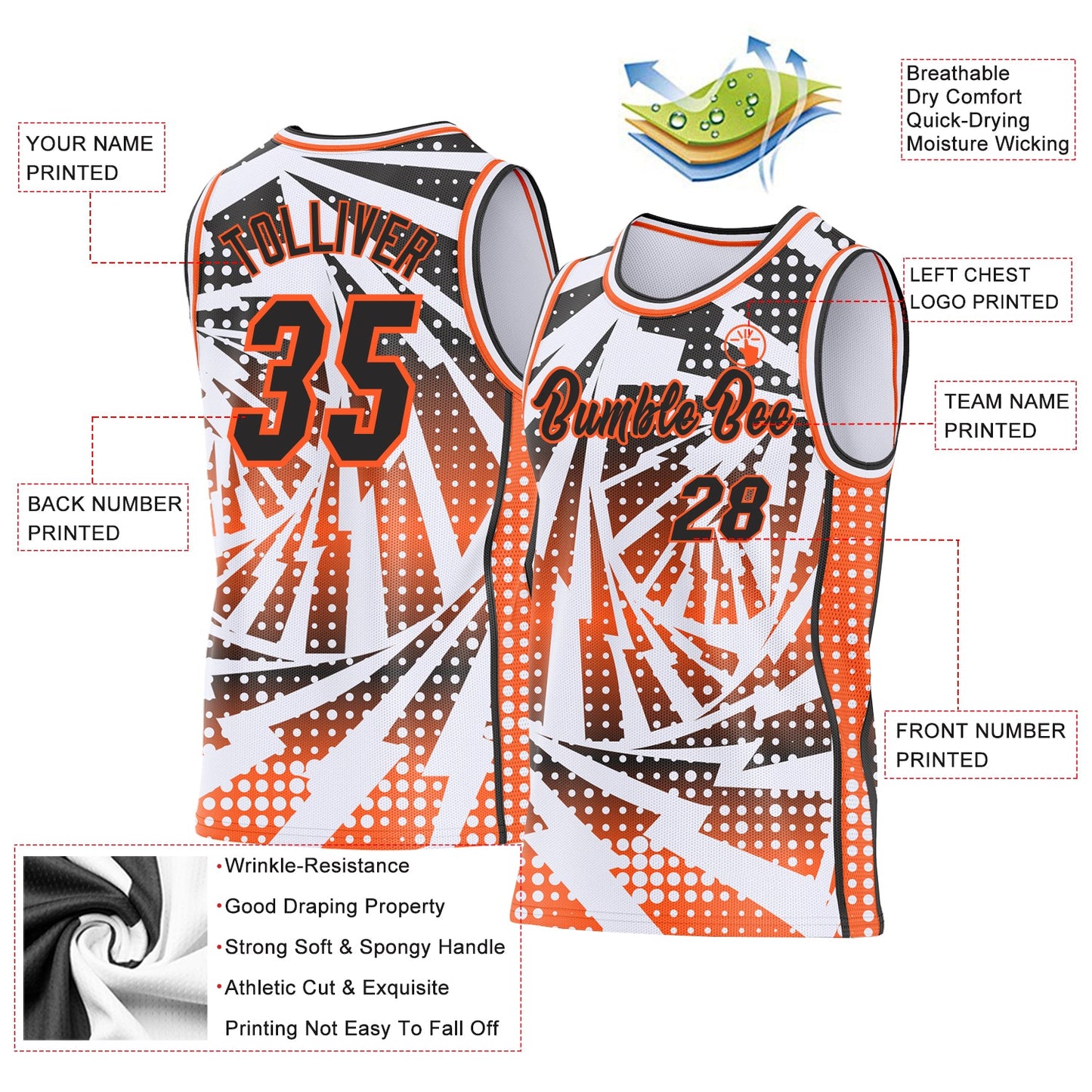 Custom White Black-Orange Lightning Gradient Dot Side Panel Stripe Round Neck Sublimation Basketball Set Jersey view 3
