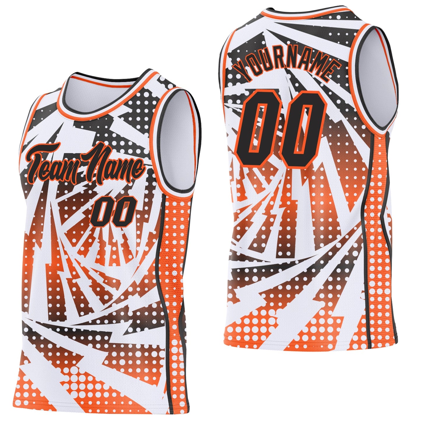 Custom White Black-Orange Lightning Gradient Dot Side Panel Stripe Round Neck Sublimation Basketball Set Jersey - Main View