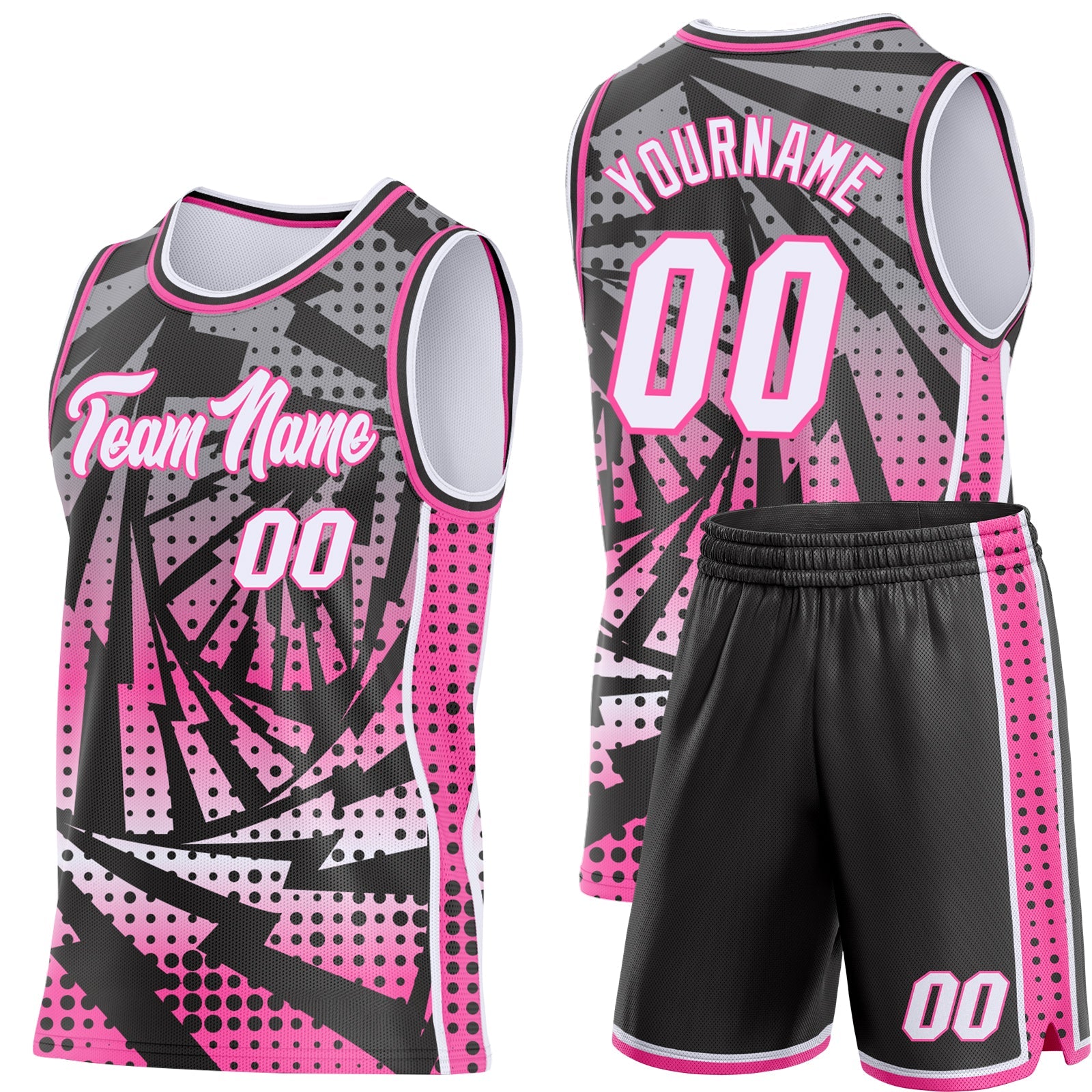 Custom Black White-Pink Lightning Gradient Dot Side Panel Stripe Round Neck Sublimation Basketball Set Jersey view 2