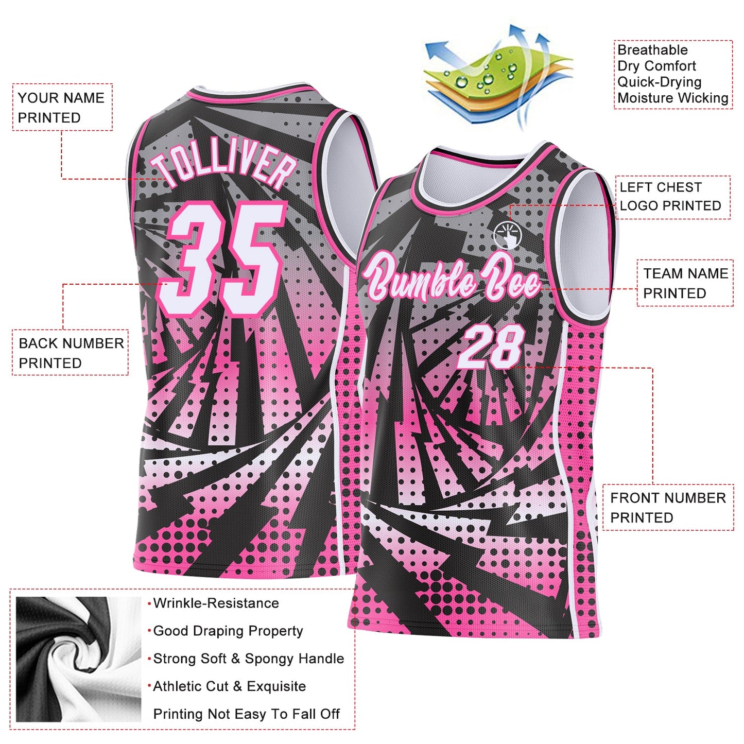 Custom Black White-Pink Lightning Gradient Dot Side Panel Stripe Round Neck Sublimation Basketball Set Jersey view 3