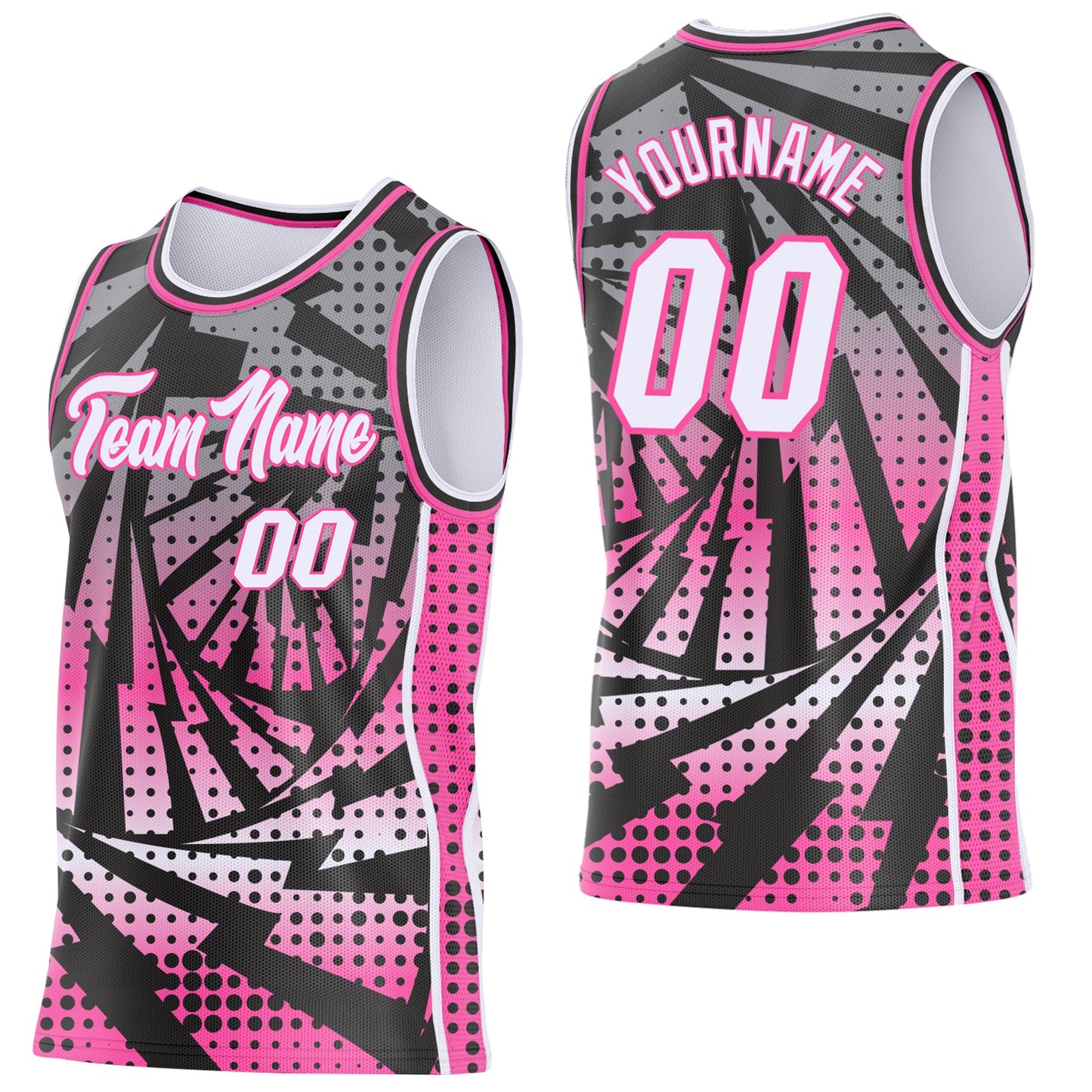 Custom Black White-Pink Lightning Gradient Dot Side Panel Stripe Round Neck Sublimation Basketball Set Jersey - Main View