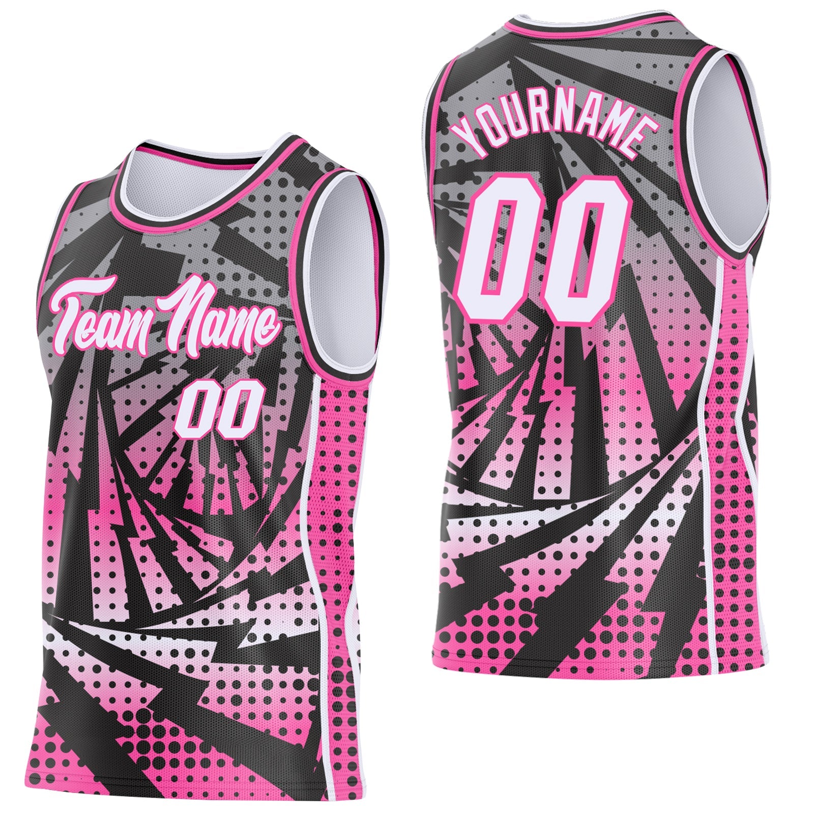 Custom Black White-Pink Lightning Gradient Dot Side Panel Stripe Round Neck Sublimation Basketball Set Jersey - Main View