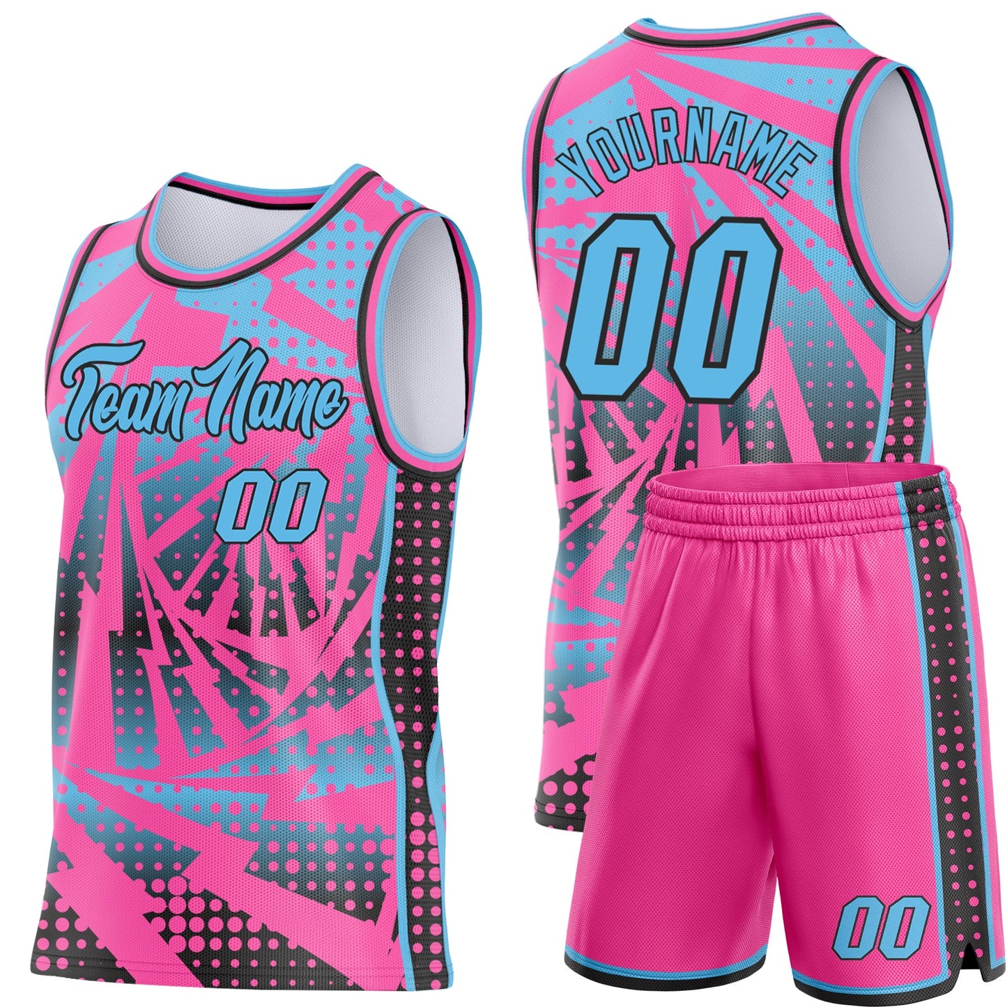 Custom Pink Sky Blue-Black Lightning Gradient Dot Side Panel Stripe Round Neck Sublimation Basketball Set Jersey view 2