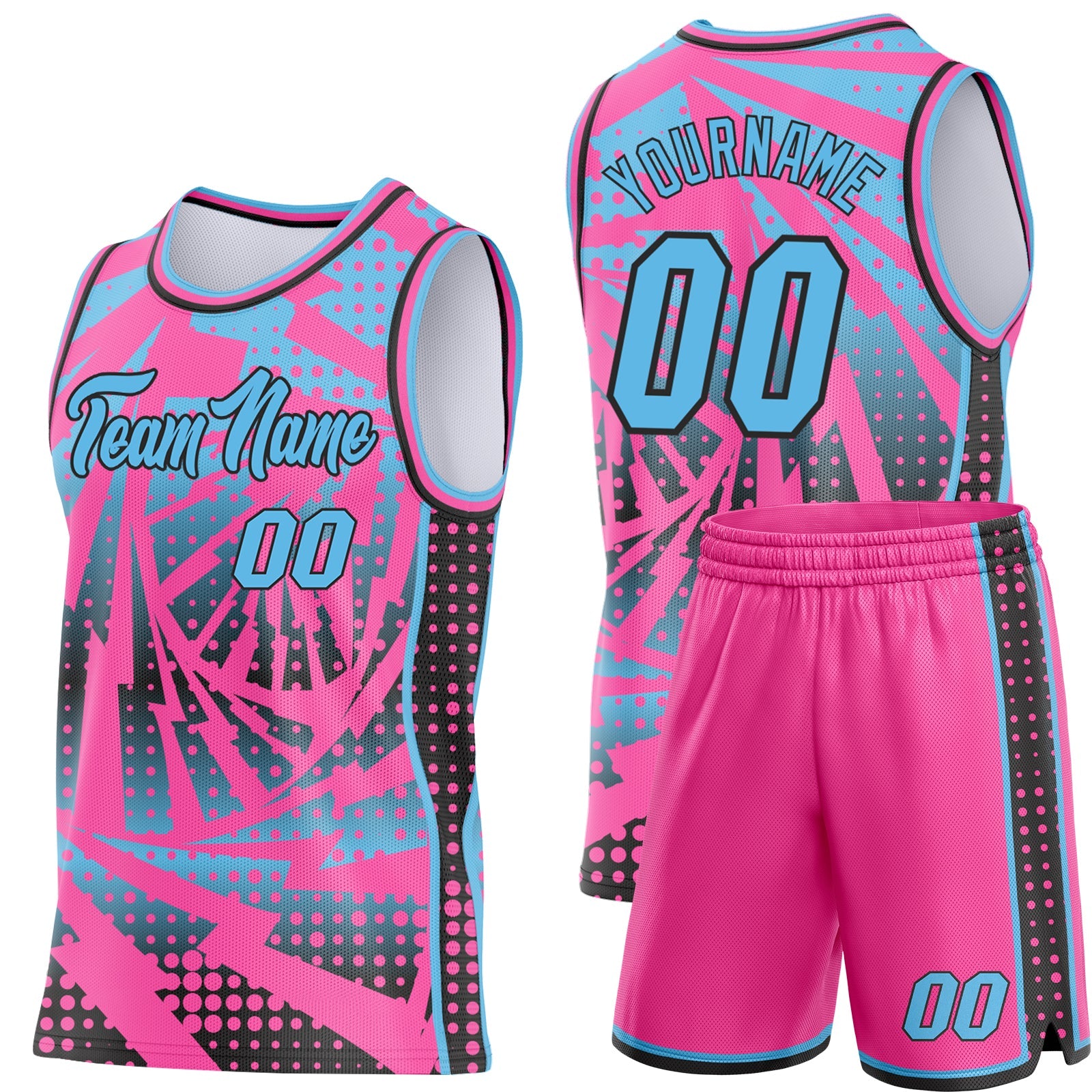 Custom Pink Sky Blue-Black Lightning Gradient Dot Side Panel Stripe Round Neck Sublimation Basketball Set Jersey view 2
