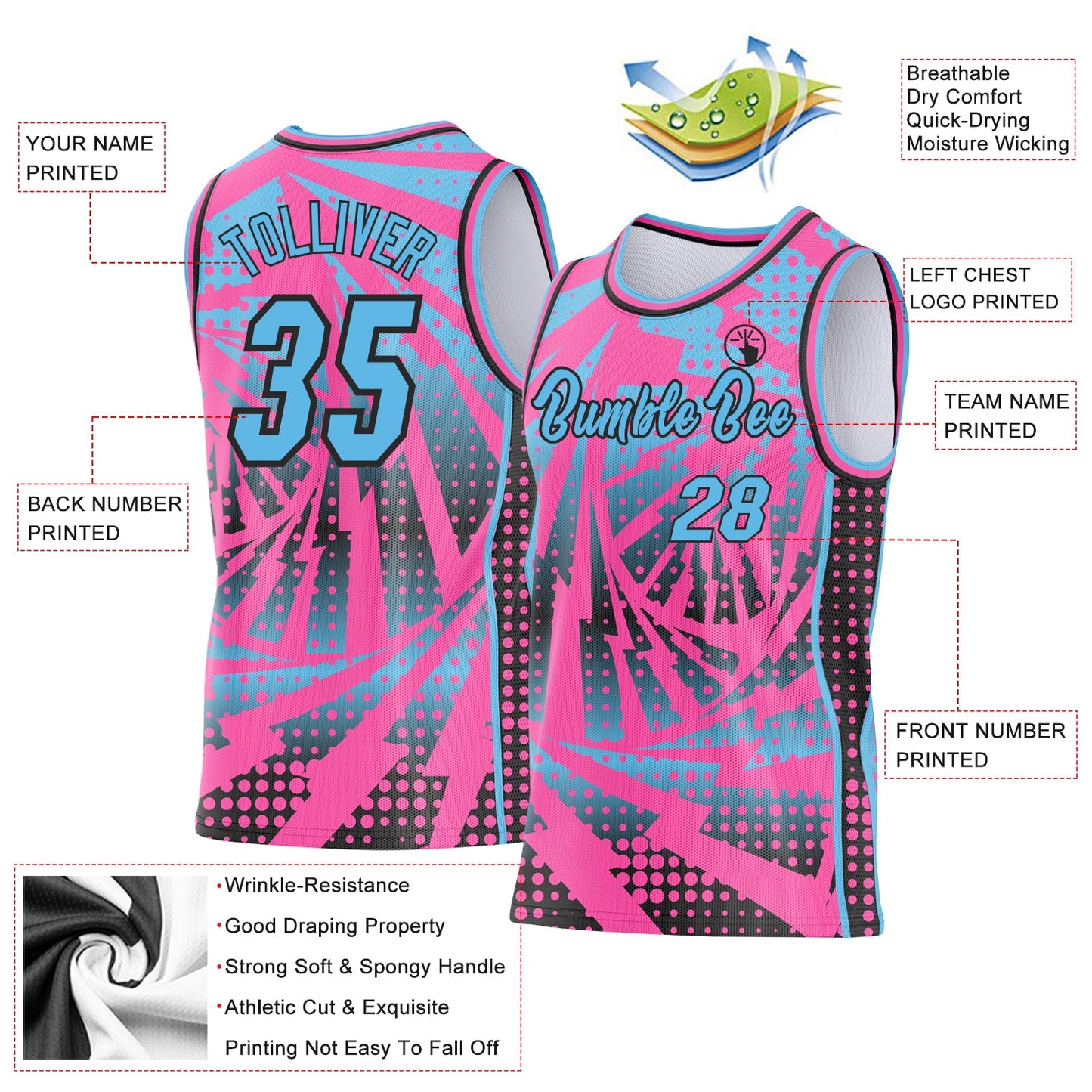 Custom Pink Sky Blue-Black Lightning Gradient Dot Side Panel Stripe Round Neck Sublimation Basketball Set Jersey view 3