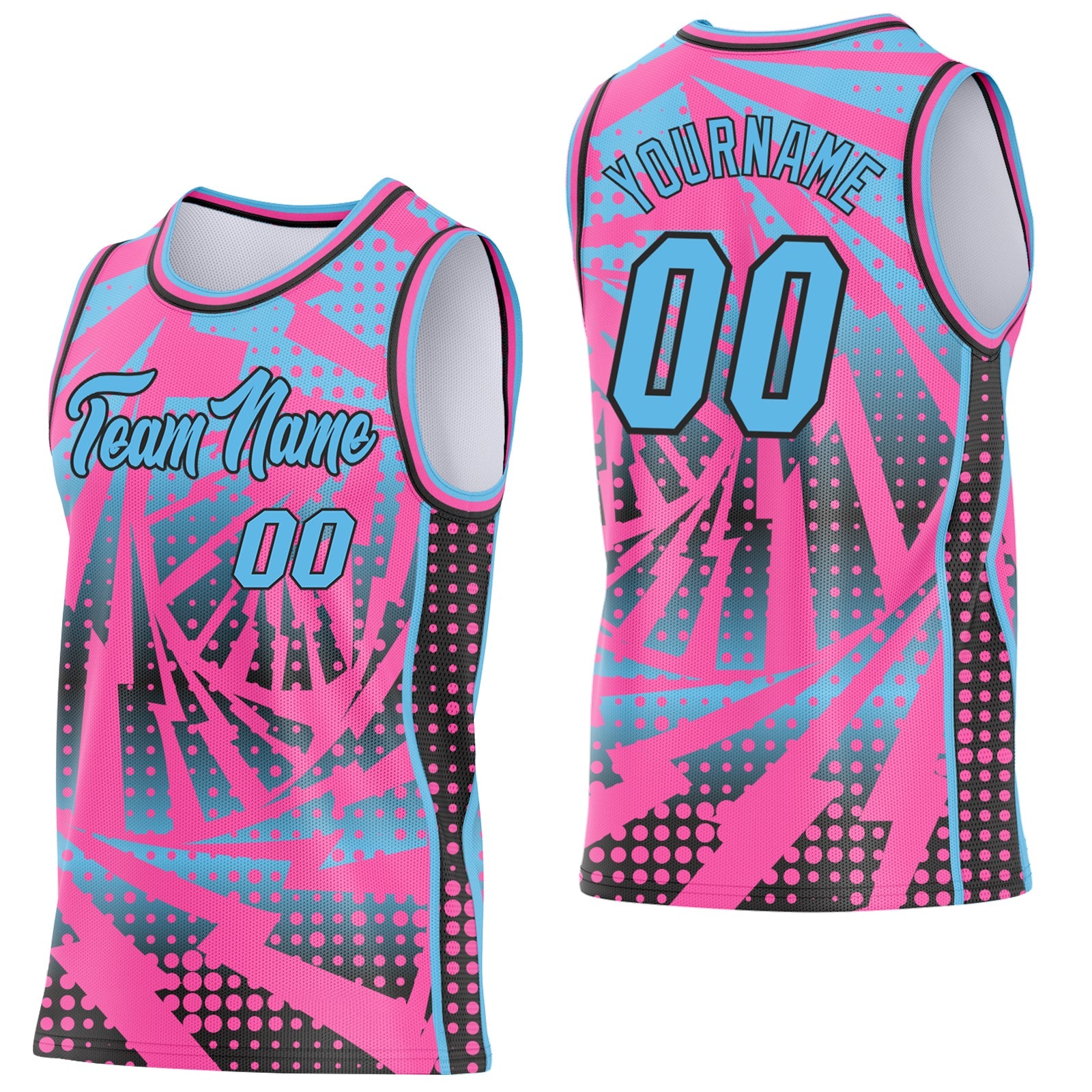 Custom Pink Sky Blue-Black Lightning Gradient Dot Side Panel Stripe Round Neck Sublimation Basketball Set Jersey - Main View