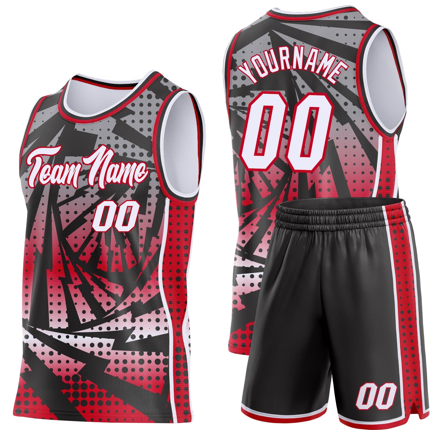 Custom Black White-Red Lightning Gradient Dot Side Panel Stripe Round Neck Sublimation Basketball Set Jersey view 2